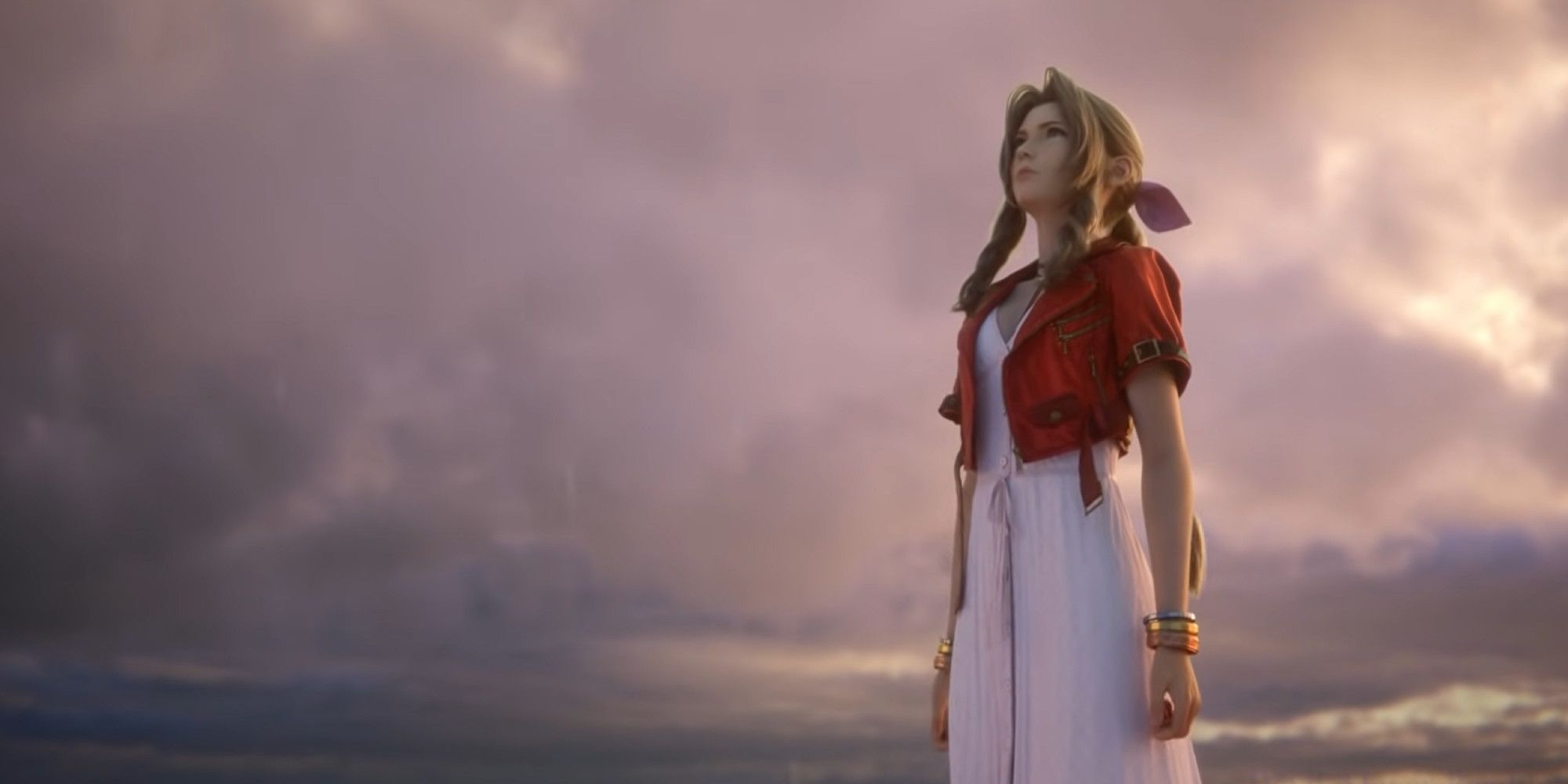 Aerith looking up at the clouds in Final Fantasy 7 Remake's ending
