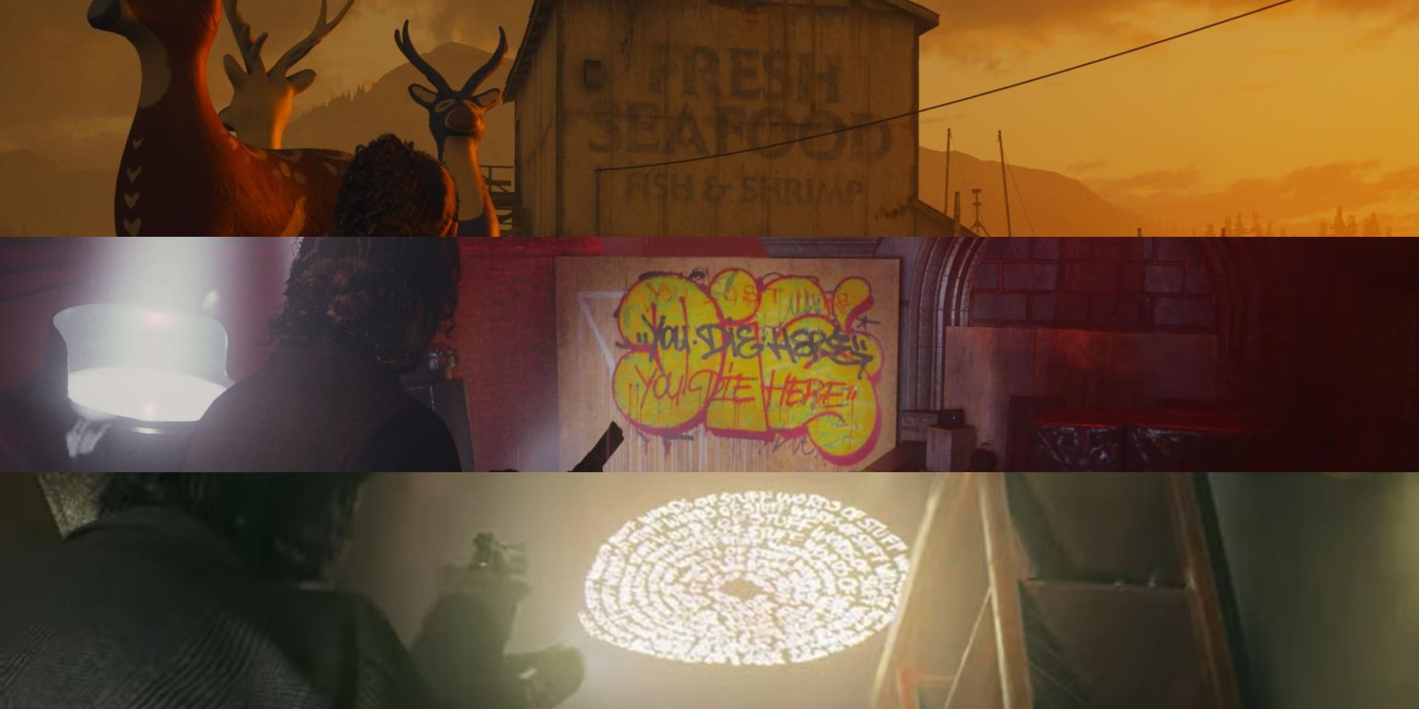 Three images horizontally split. The top image displays a Fresh Seafood Building in Brightfalls. The middle image displays graffiti on the wall on the roof of Poet's Cinema. The bottom image displays Words of Stuff on the ceiling of the bar inside Oceanview Hotel.