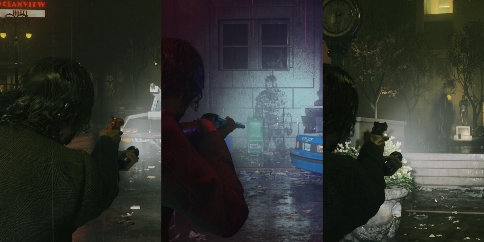 A collage of Alan Wake holding three different weapons, the flare gun, the revolver, and the double-barreled shotgun, in Alan Wake 2..