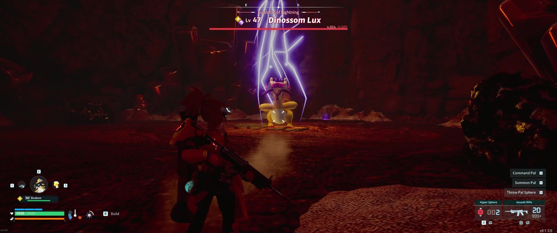 Alpha Boss Dinossom Lux in the middle of using Lightning Strike and a bolt of lightning hitting it