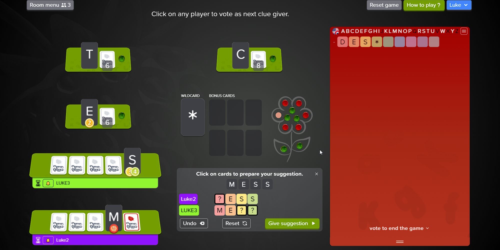 An Example Round Of LetterJam With Three Players And A Clue Being Set Up