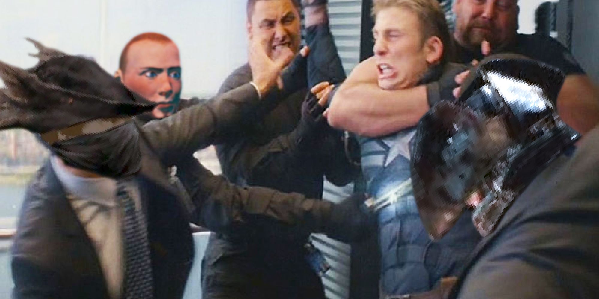 Captain America in the elevator scene from Winter Soldier fighting bad guys that include a Bloodborne hunter and the guy in the pot from Getting Over It with Bennett Foddy