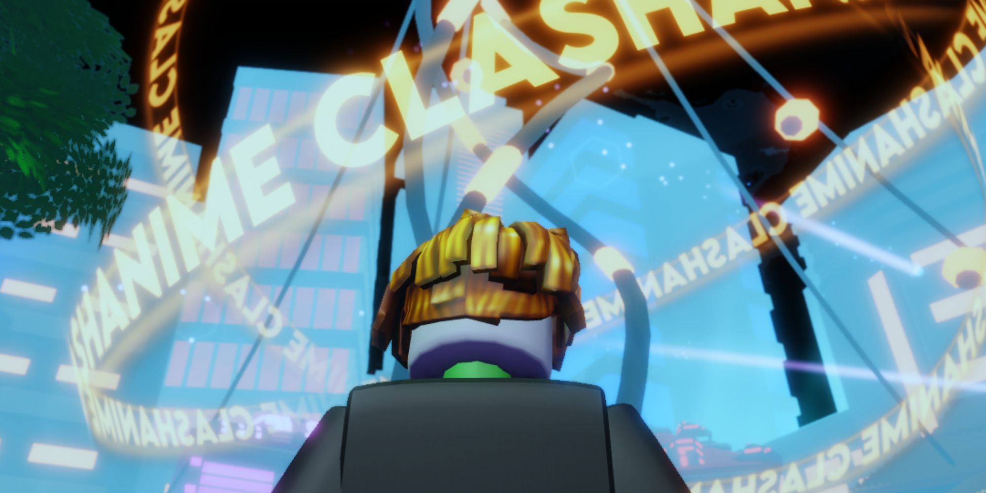 a roblox avatar looks at the main hub in anime clash