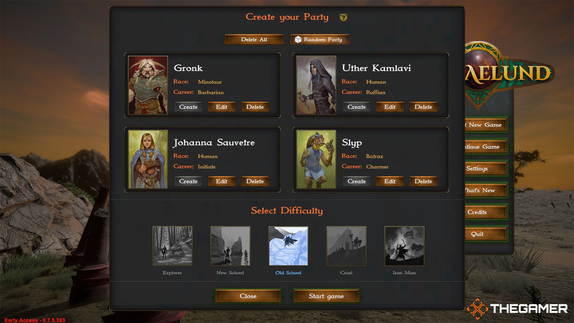 Archaelund&rsquo;s Party Creation Screen