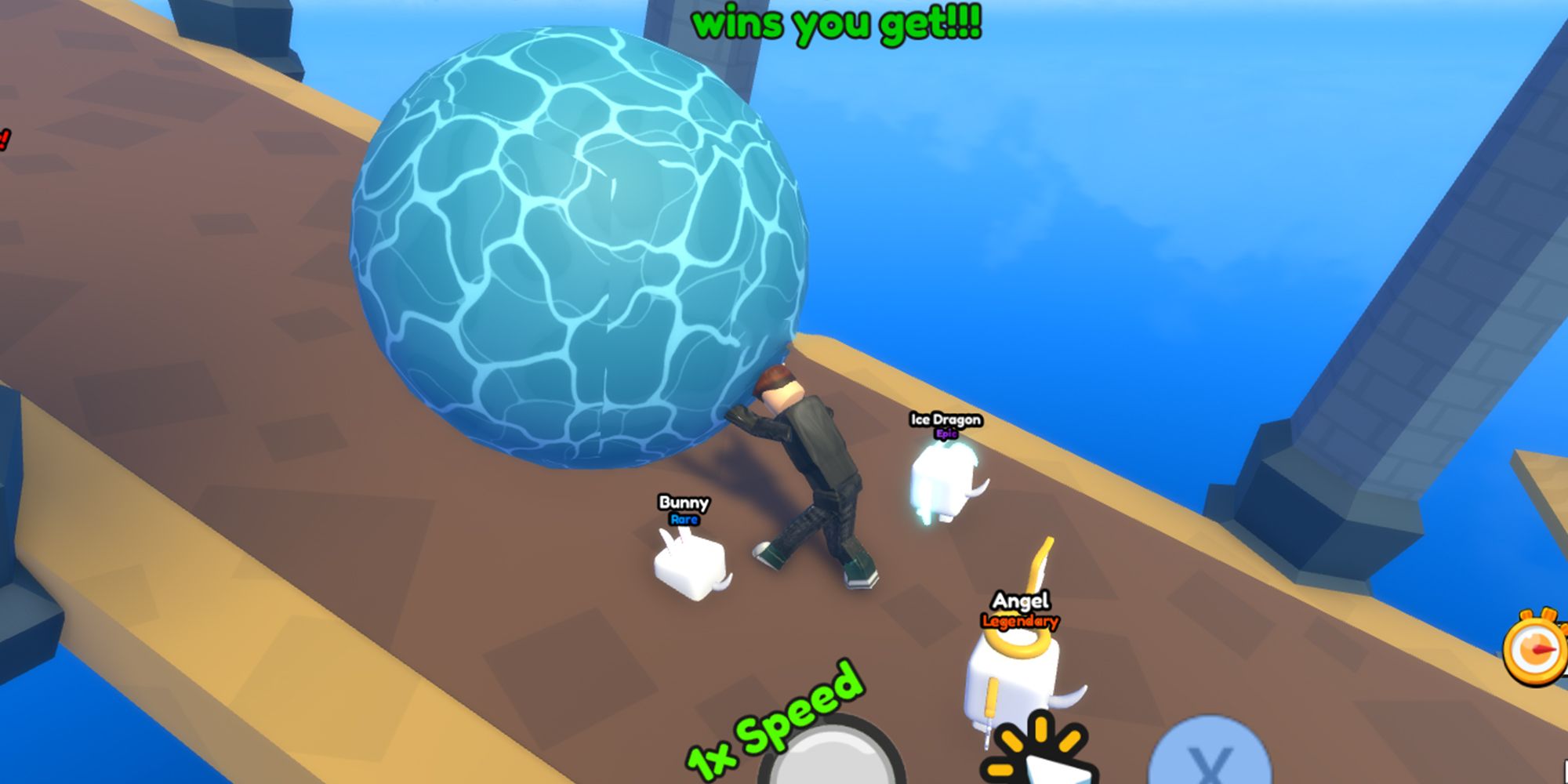 A Roblox character pushes an aquatic boulder up a hill in Atlantis in Sisyphus Simulator.