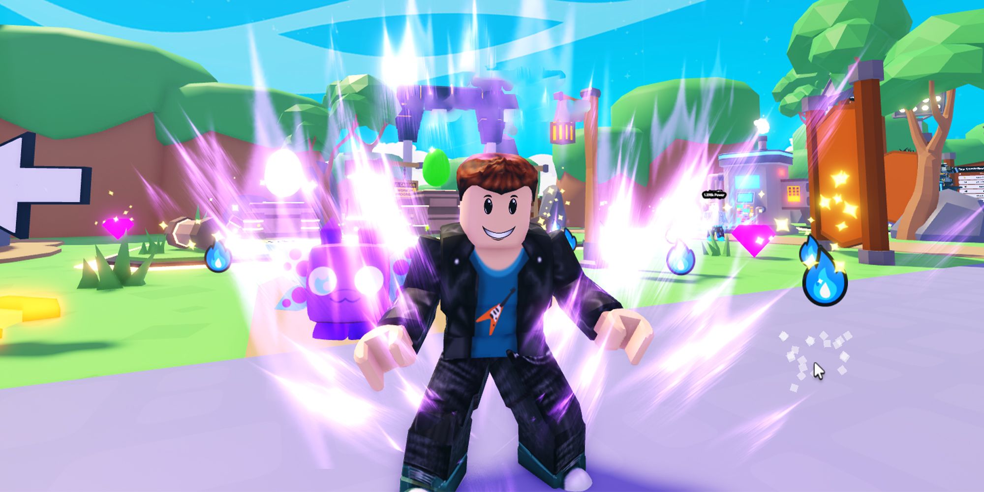 A Roblox character charges a purple aura around themself while training amid a forest in Shoot Beam Simulator.