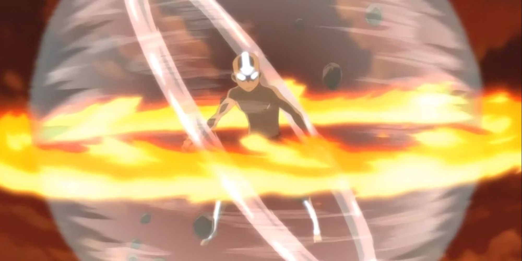 Avatar the Last Airbender Aang in an air bubble surrounded by a ring of fire while his eyes and arrow glow white
