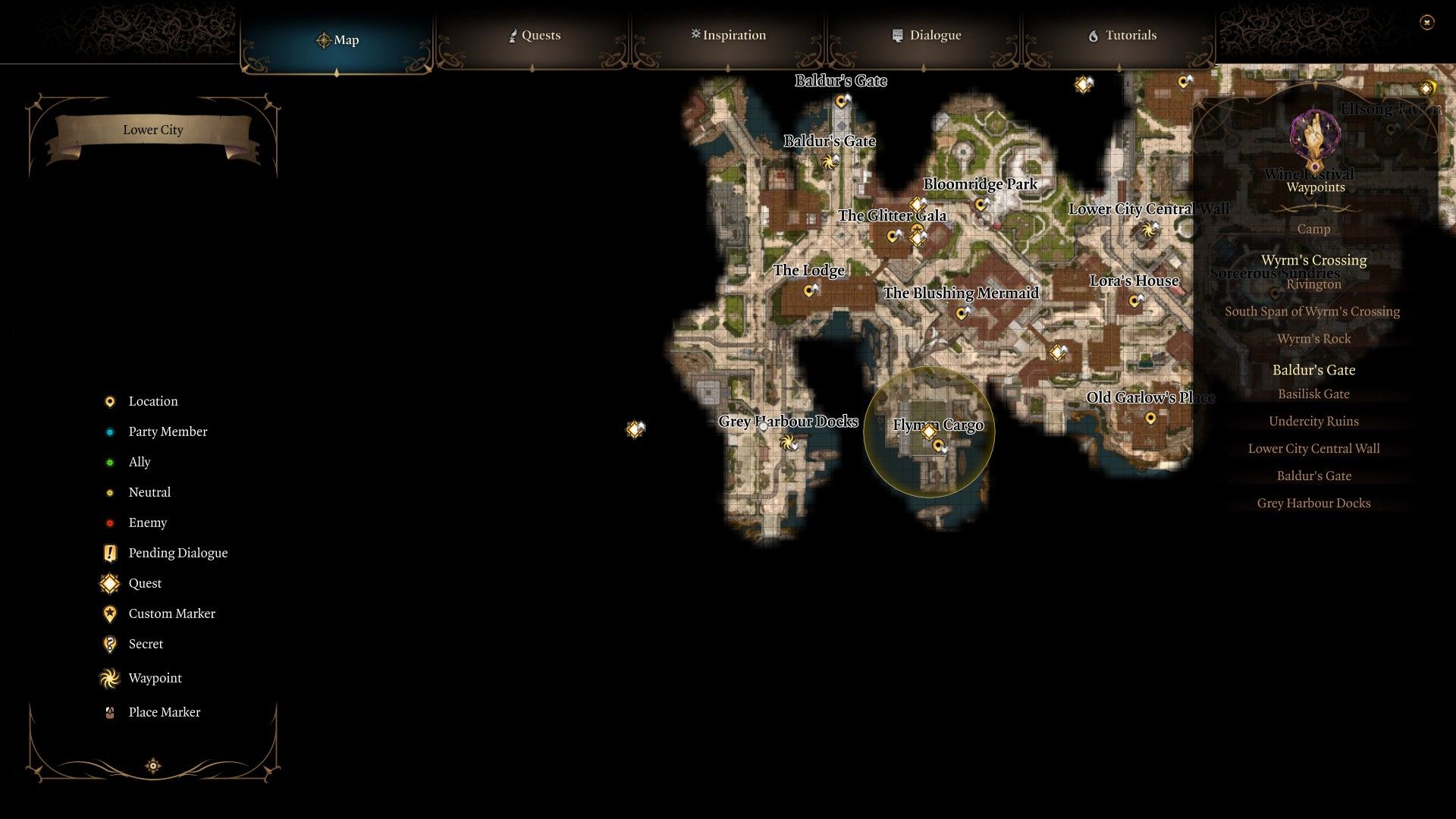 Screenshot of the map of Baldur&rsquo;s Gate city, showing the location of the Steel Watch Foundry