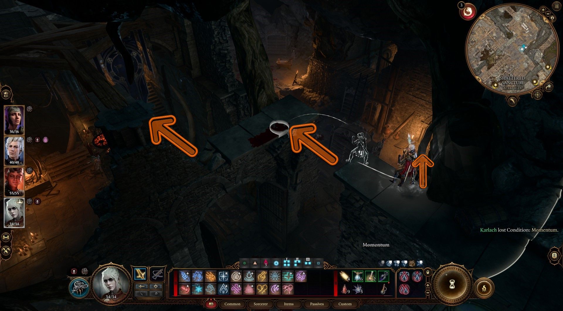 Sorcerer prepares to follow shaded arrows to jump onto rafters above Dror Ragzlin Arena in Baldur's Gate 3.