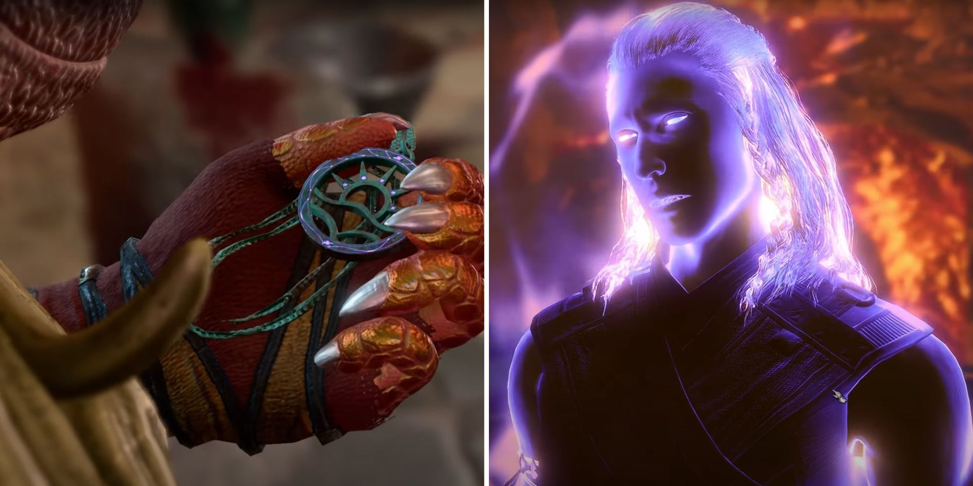 A split image of a scaly, red Dragonborn hand holding an amulet, and the purple spirit of the Cursed Monk.