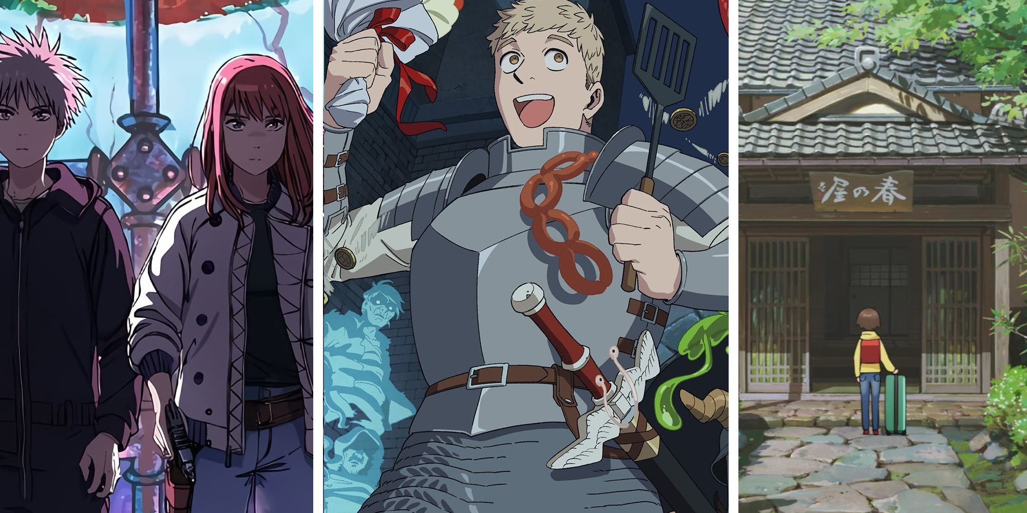 A split image featuring Heavenly Delusion, Dungeon Meshi, and Okko's Inn