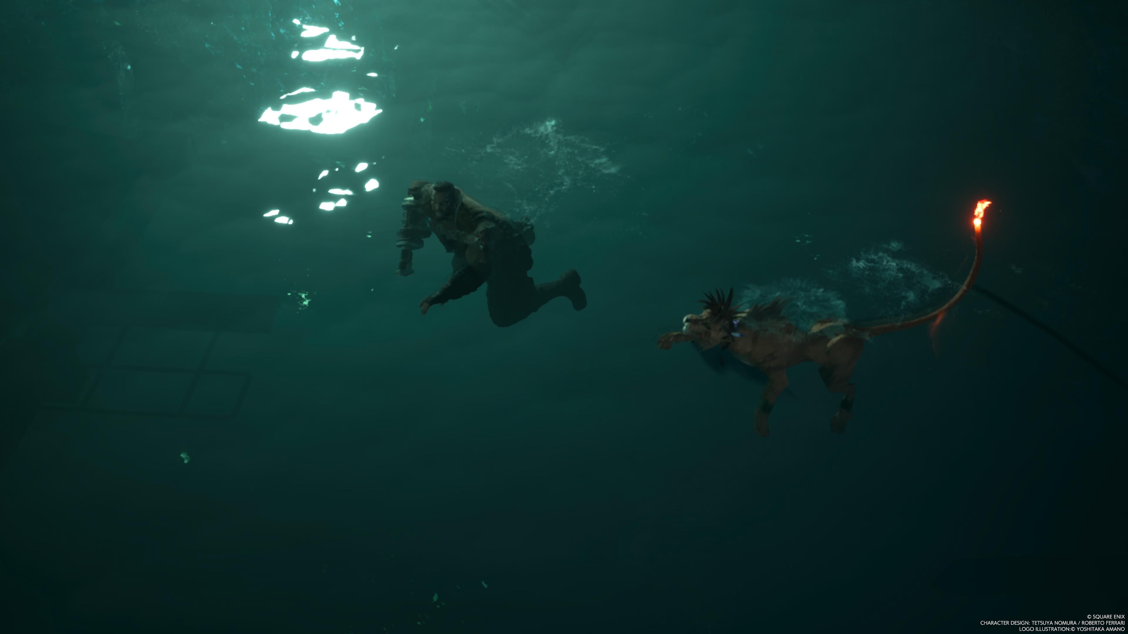 Barret and Red XIII swim together in FF7 Rebirth&rsquo;s Mythril Mine