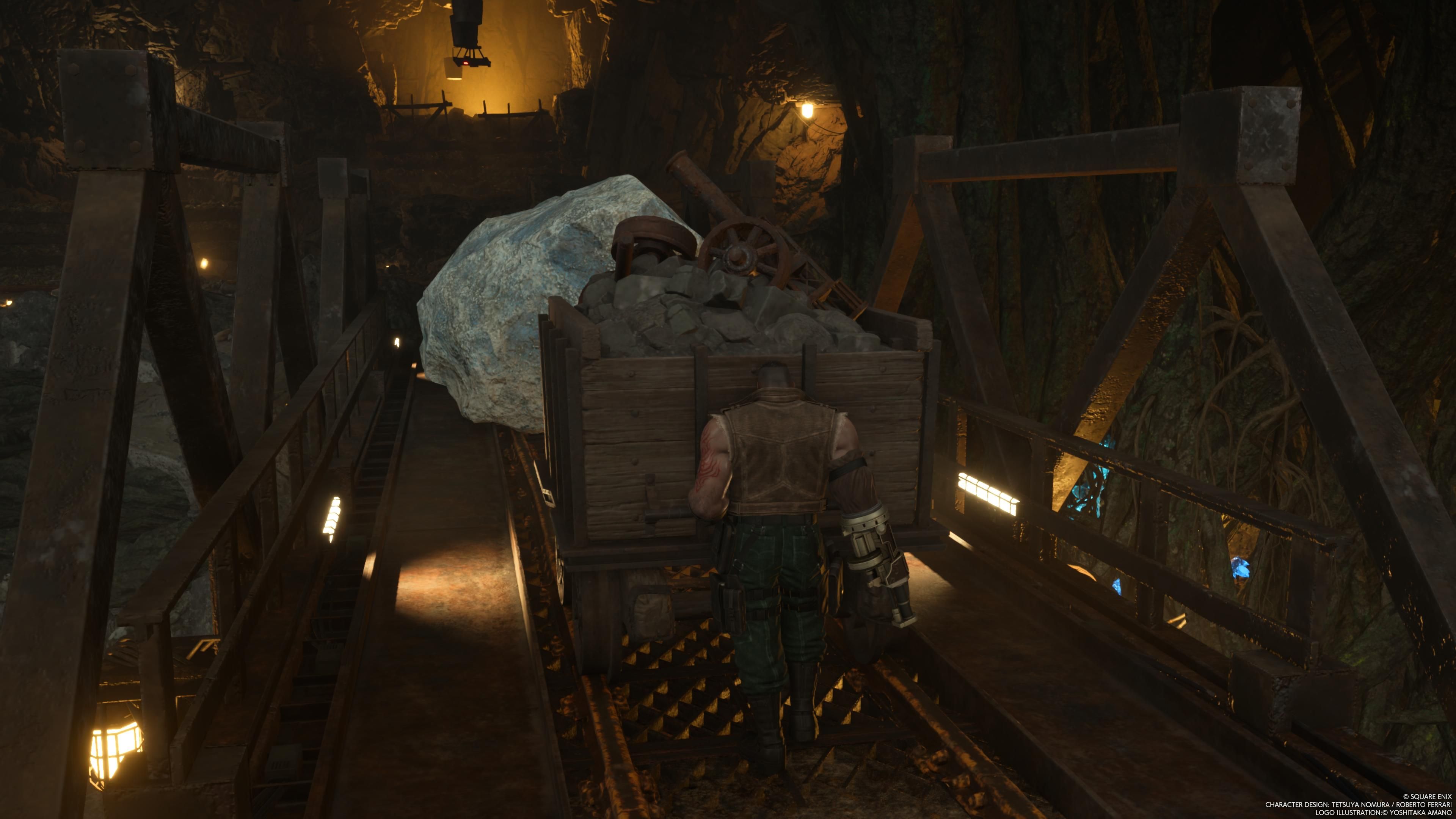 Barret pushes a mine cart in FF7 Rebirth&rsquo;s Mythril Mine