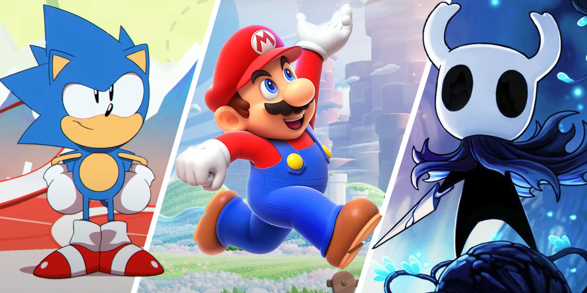 Split image of Sonic Mania, Super Mario Bros. Wonder, and Hollow Knight