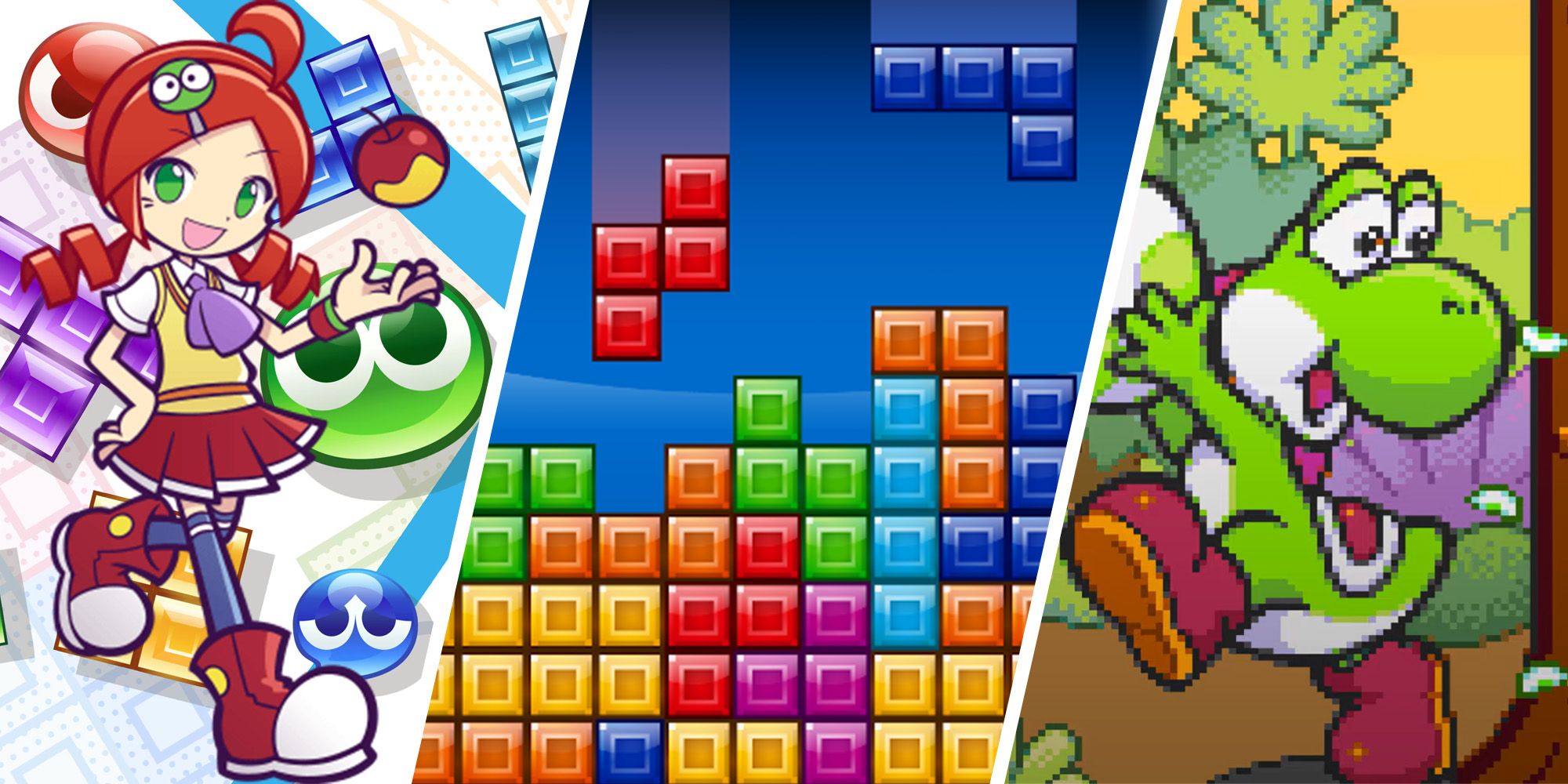 Split image of Tetris, Puyo Puyo Tetris 2, and Tetris Attack
