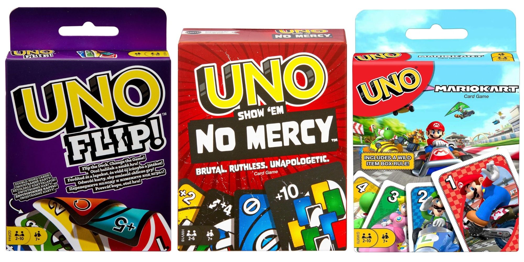 Best Uno Editions Featured Split Image Uno Flip, Uno Show 'em No Mercy, and Uno Mario Kart