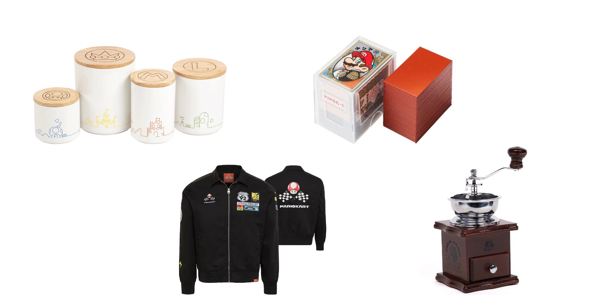 Header image for Best Nintendo Merch, with images of flight jacket, Mario ceramic containers, Hanafuda cards, and coffee grinder