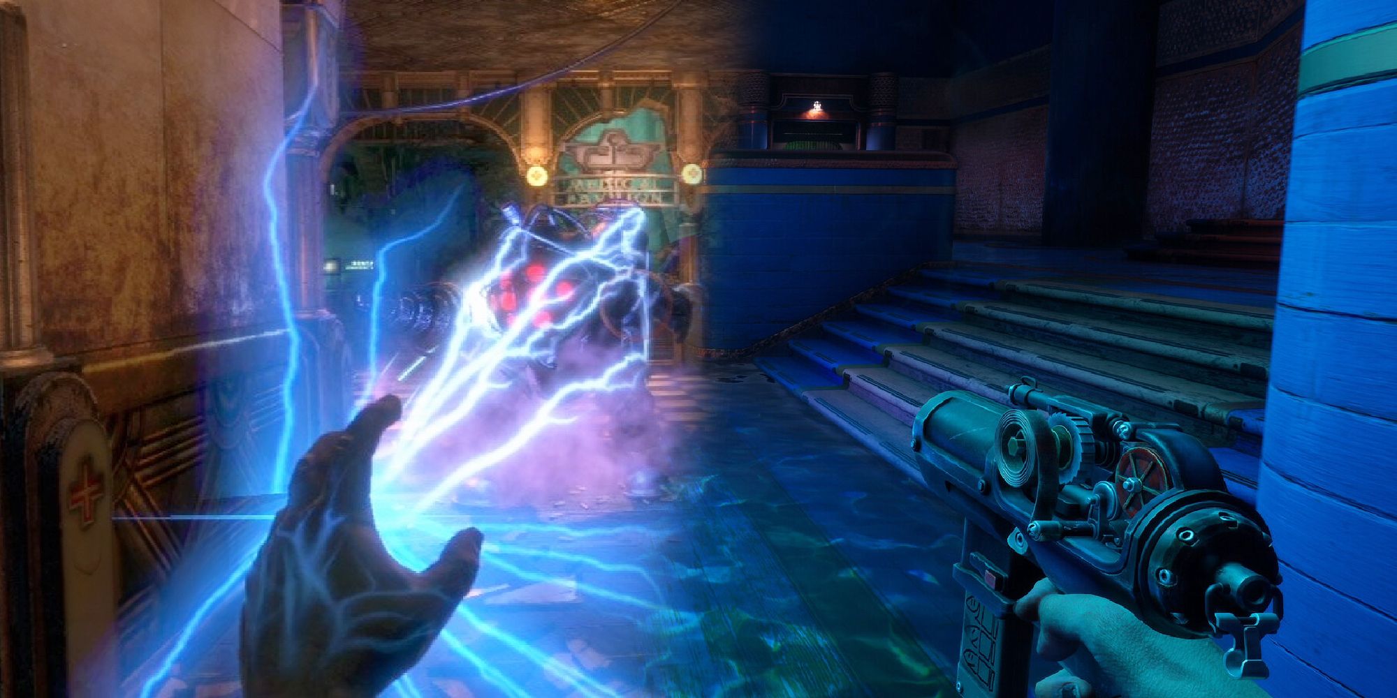 Judas powers and gun inside a BioShock level