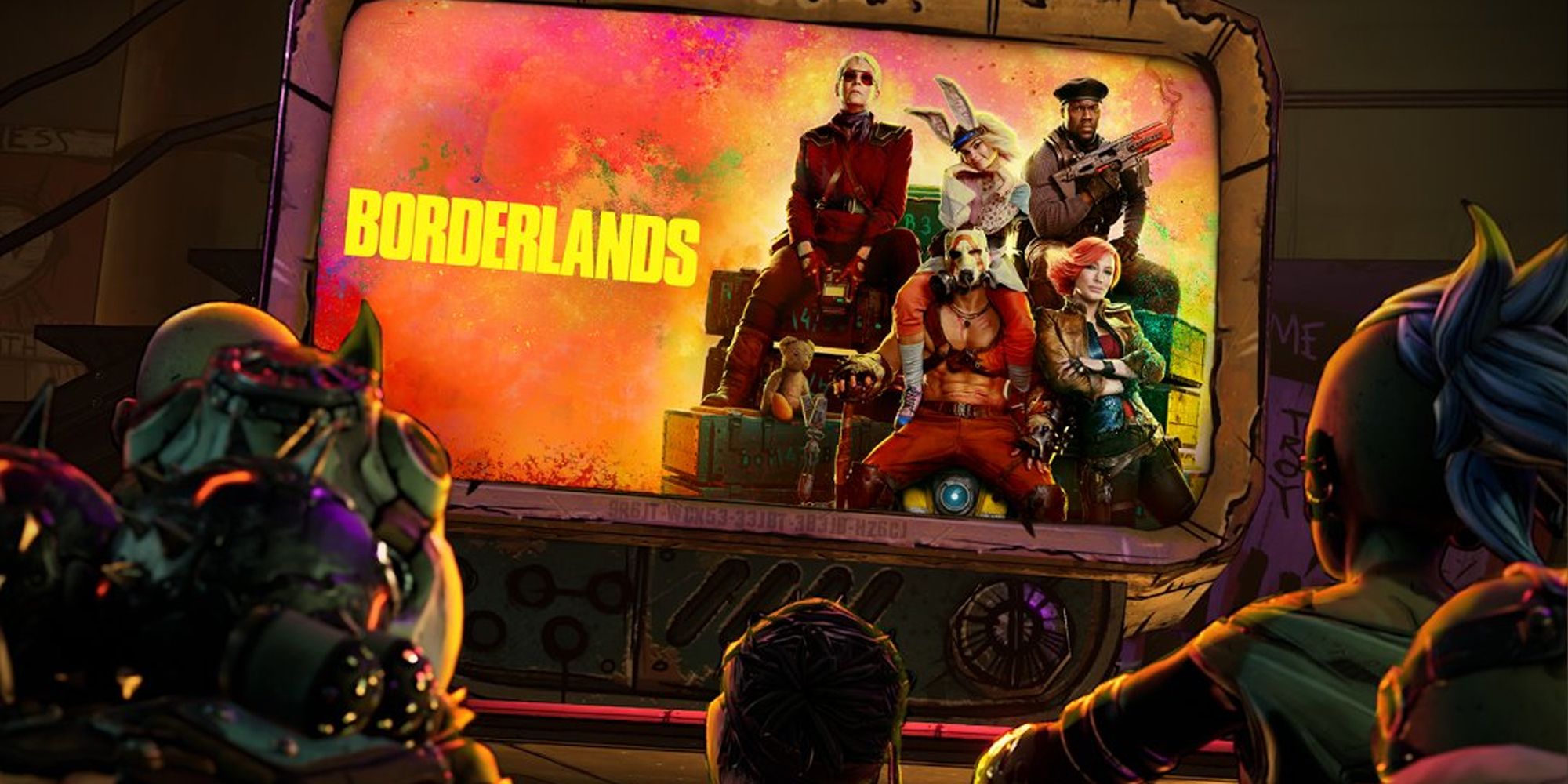 Borderlands characters gathering around to watch trailer
