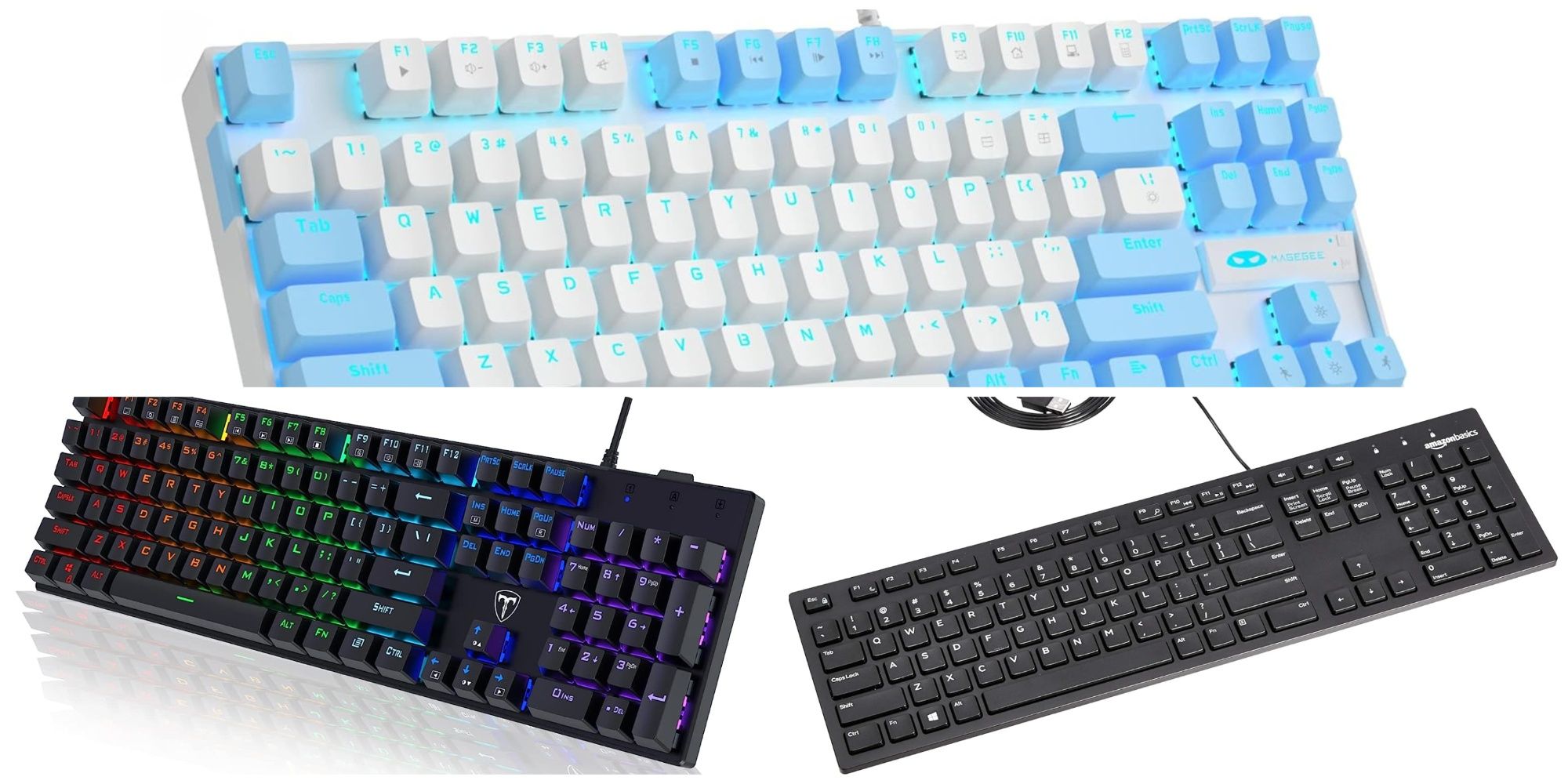 Three keyboards arranged in a pyramid: A RisoPhy in the bottom left, a white/blue MageGee on top, and an Amazon Basics on the bottom right.