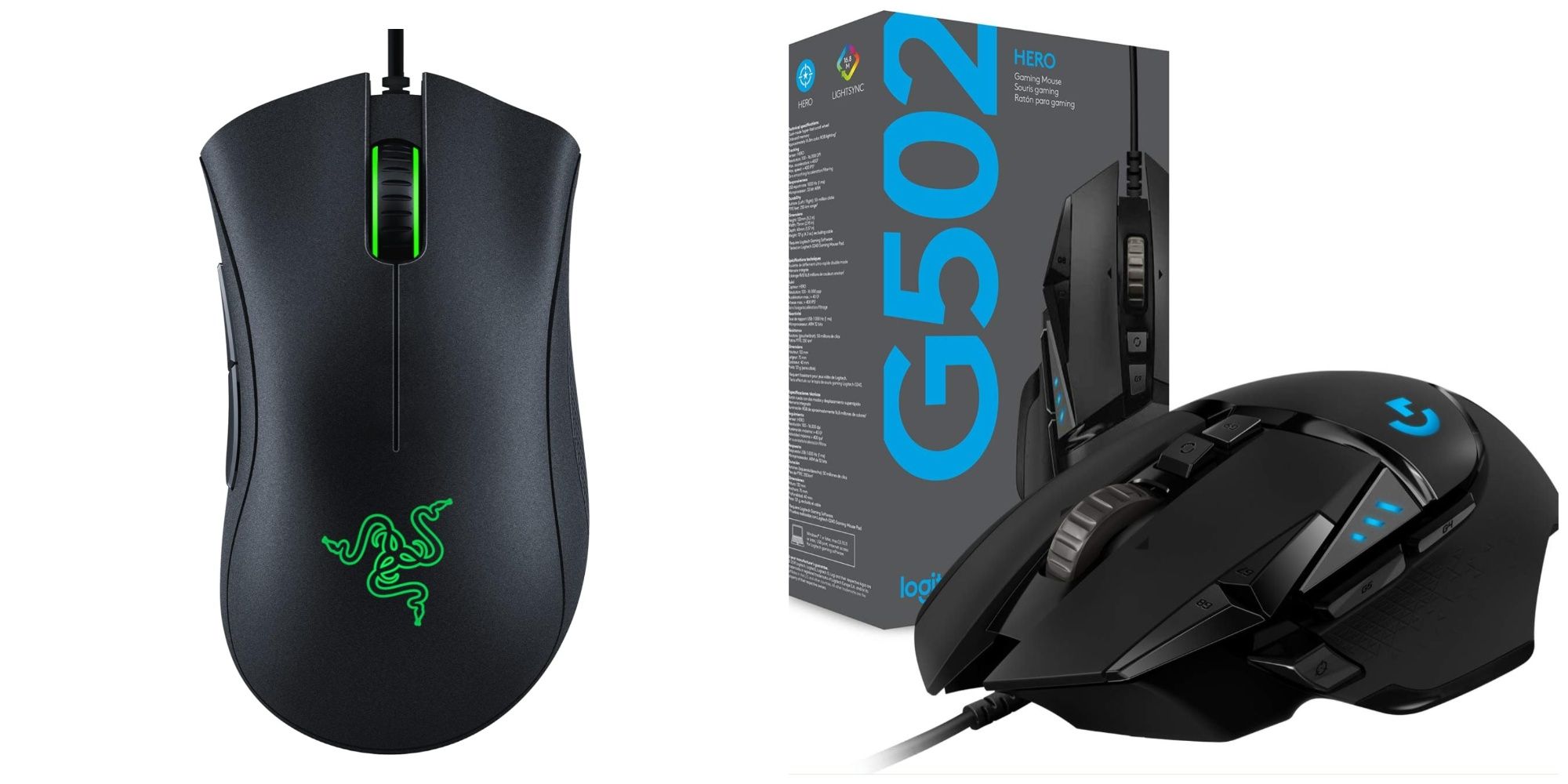 Two budget gaming mice side by side - the Razer DeathAdder and the Logitech Hero G502