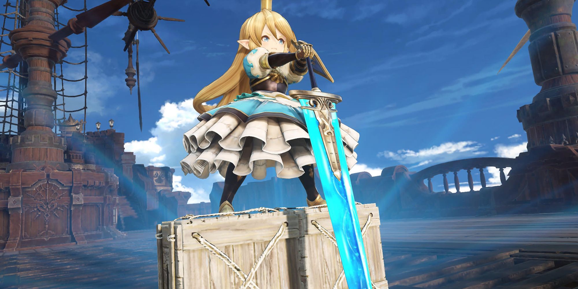 charlotta standing on a box wielding her sword
