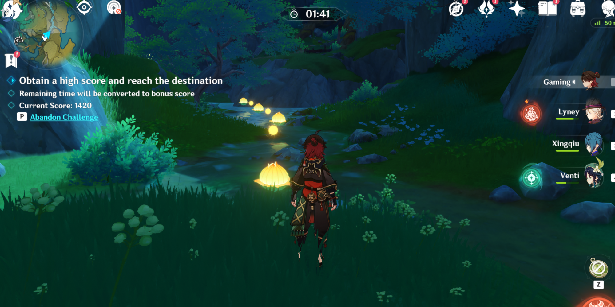 A Genshin Impact character follows a trail of lanterns through the woods.