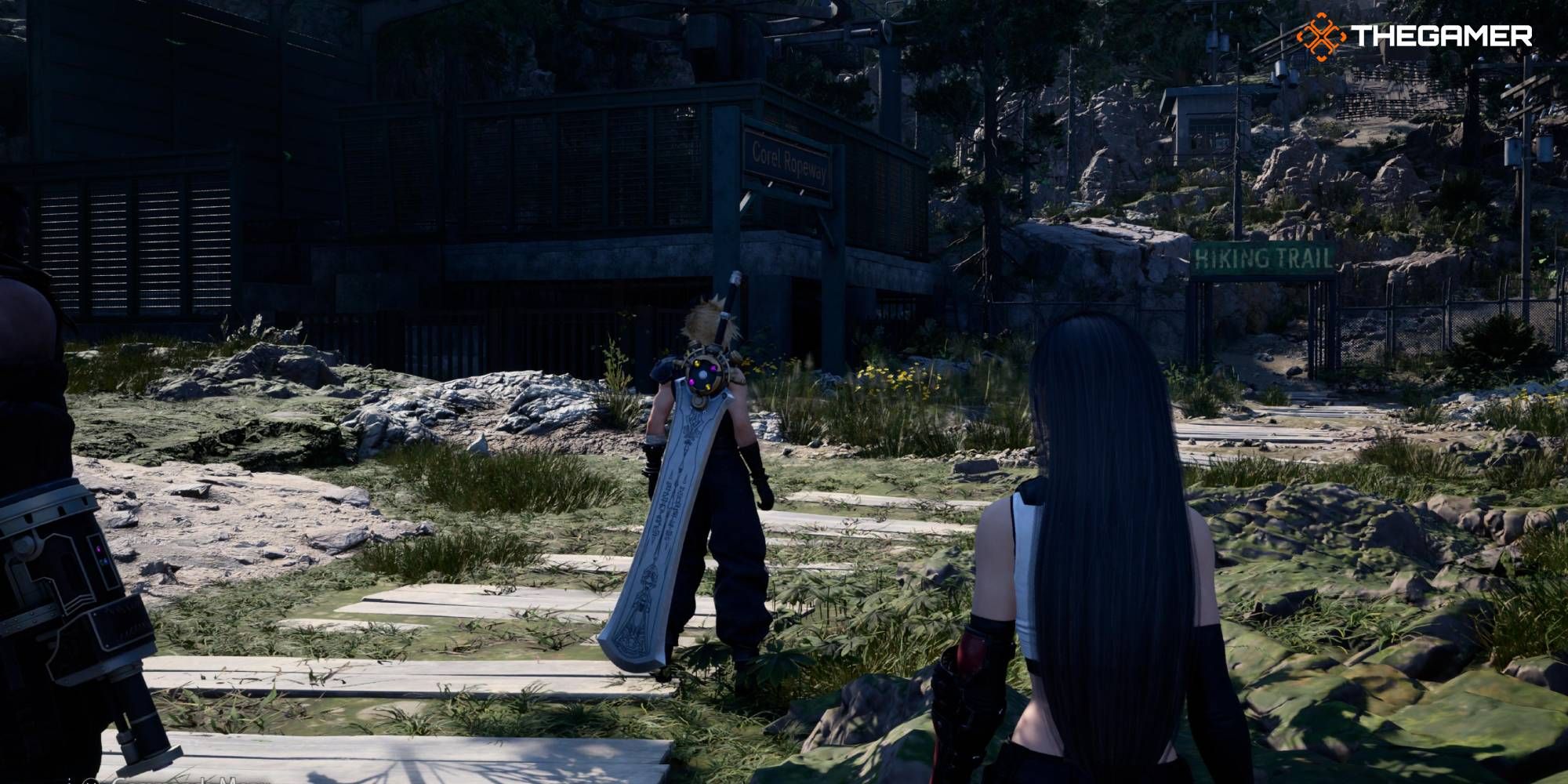 Cloud, Tifa, and Barret approach Mount Corel's hiking trail signage in FF7 Rebirth