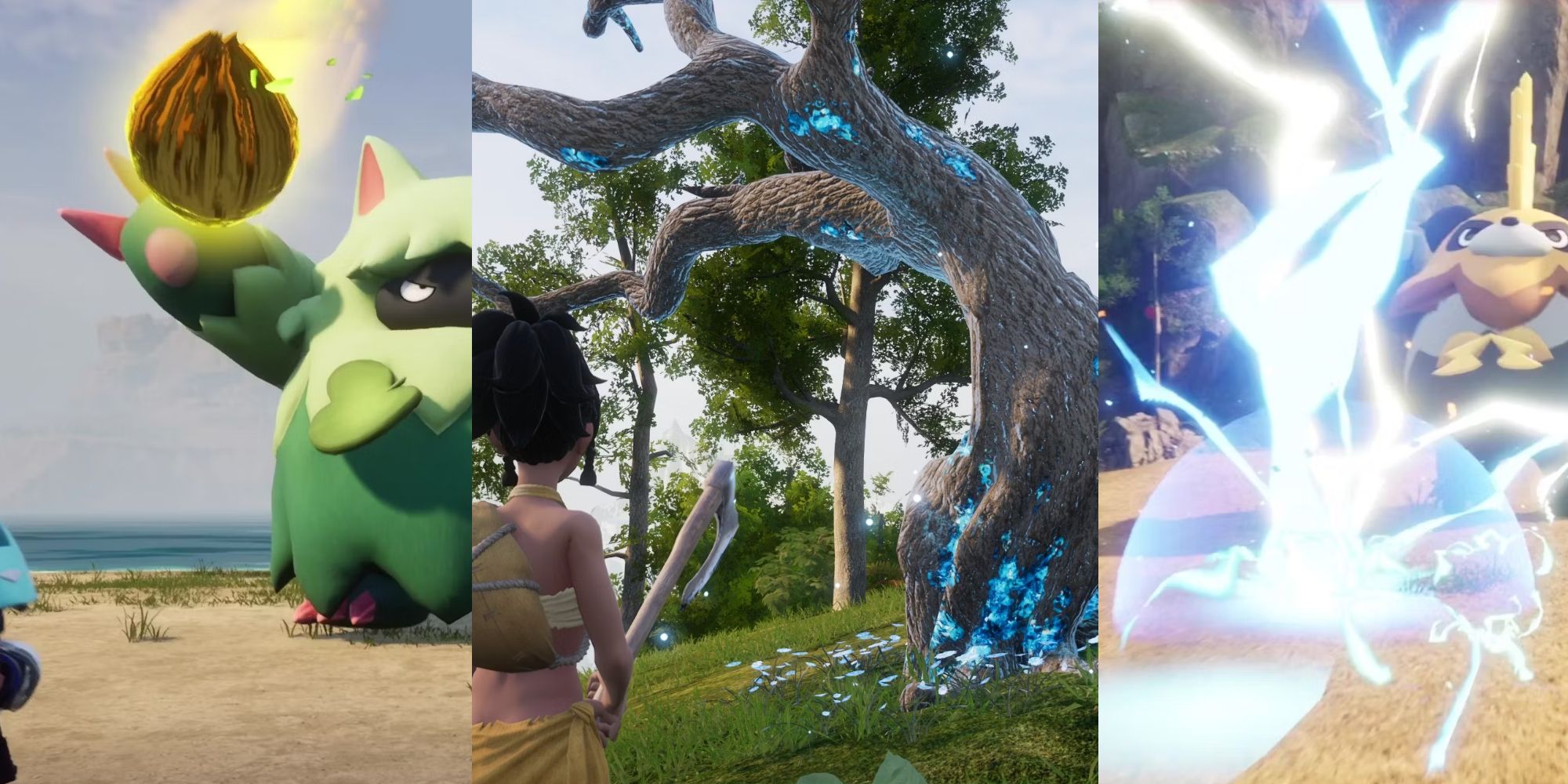 Collage of a skill fruit tree and different attacks in Palworld