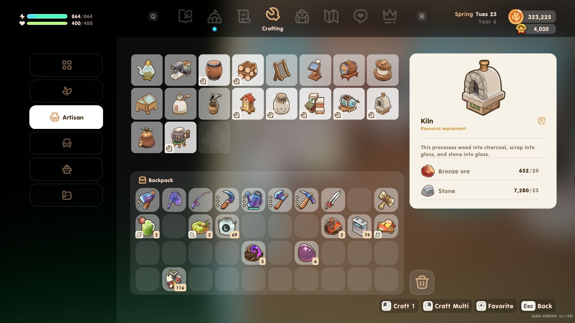 Coral Island artisan equipment shown in the crafting menu. A kiln is highlighted in the right edge of the image, and inventory can be seen in the lower half of the image.