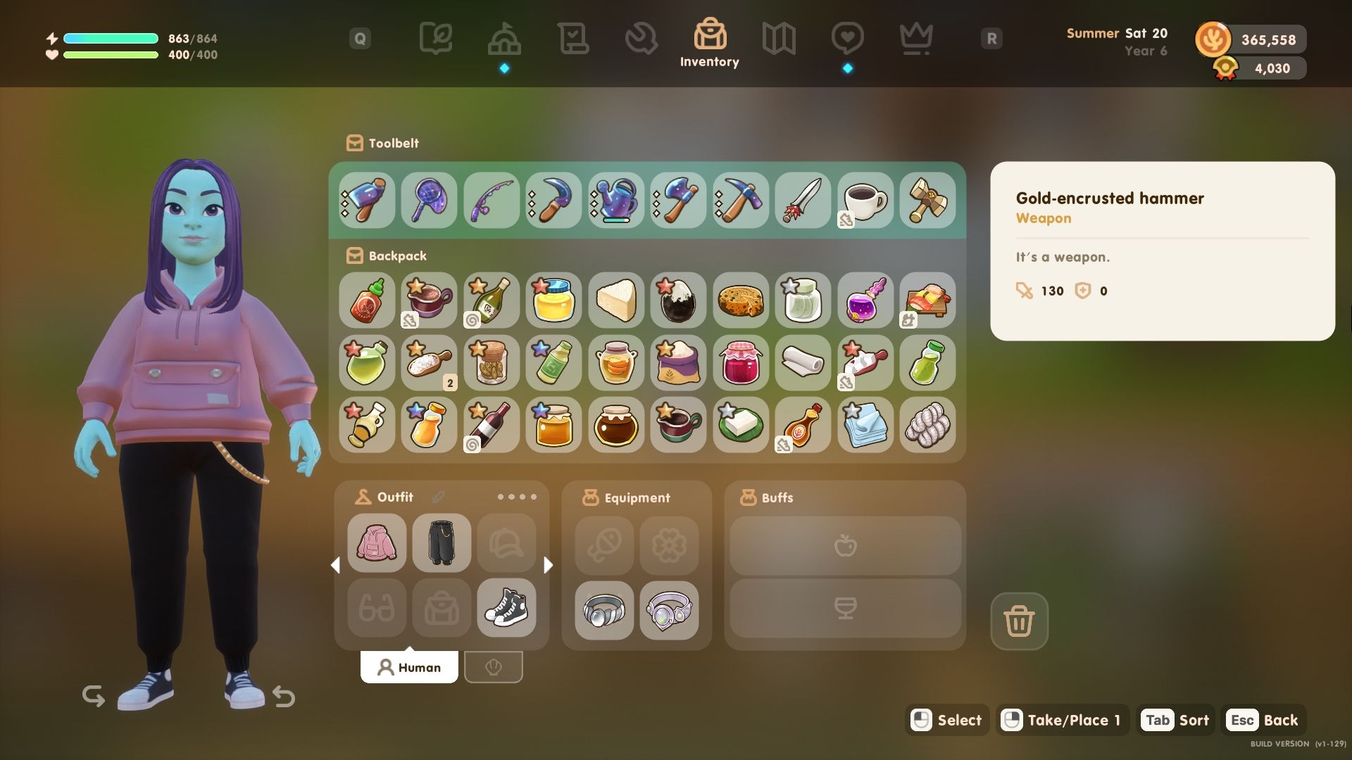 Coral Island avatar with Artisan Goods displayed in the inventory screen.