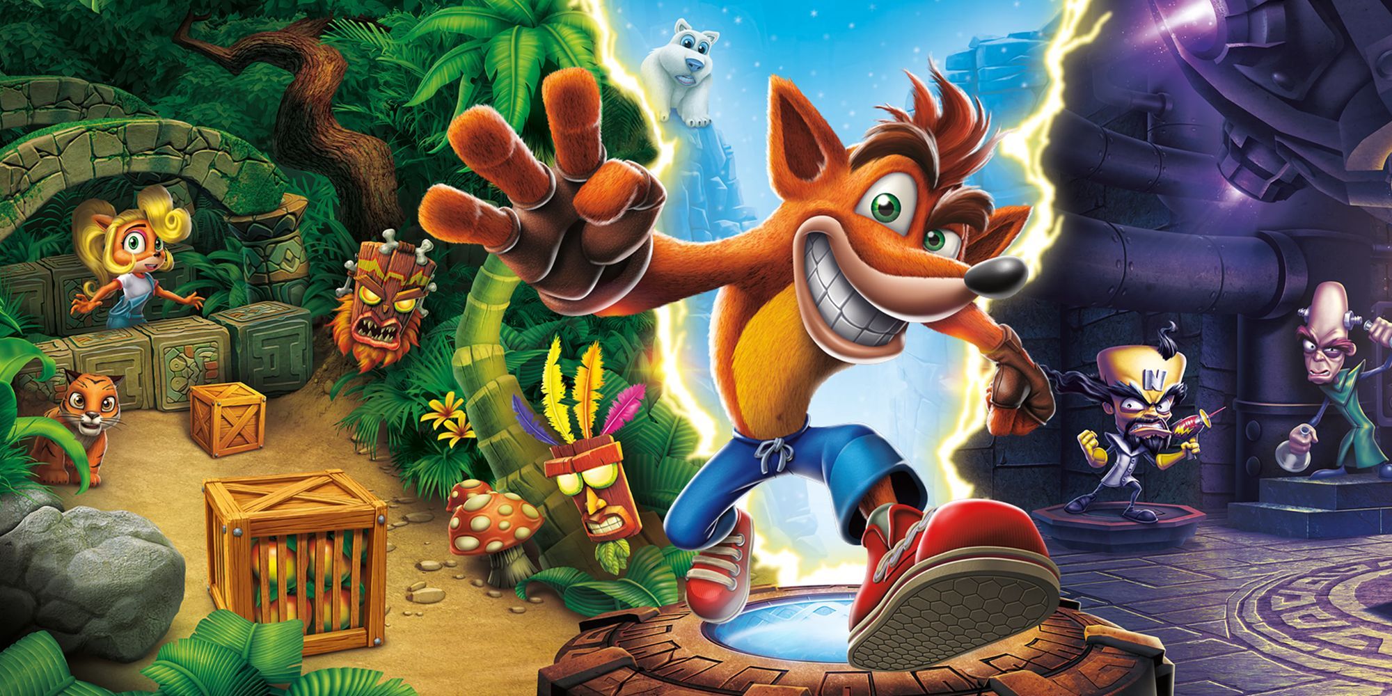 Crash Bandicoot walks forward with three fingers in the air