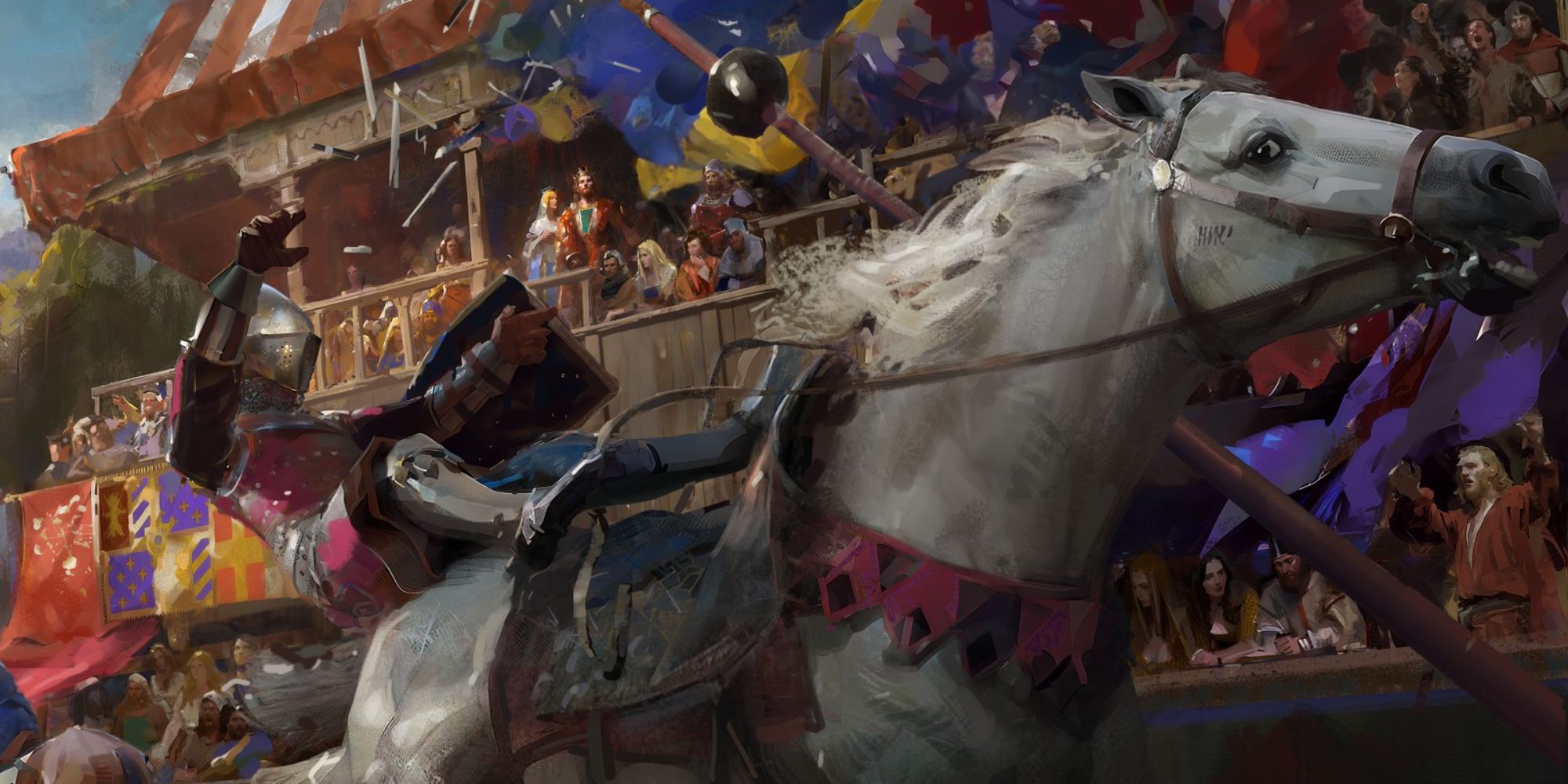 a jousting knight is unhorsed in loading screen art for crusader kings 3 tours and tournaments