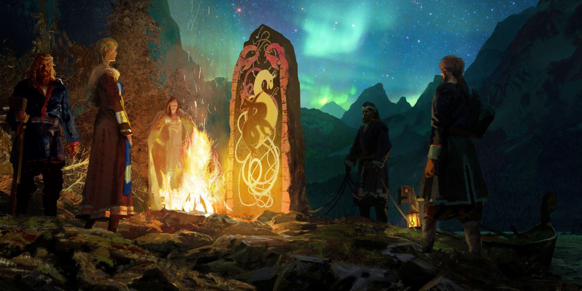 norse characters gather arounda  campfire at a runestone in crusader kings 3