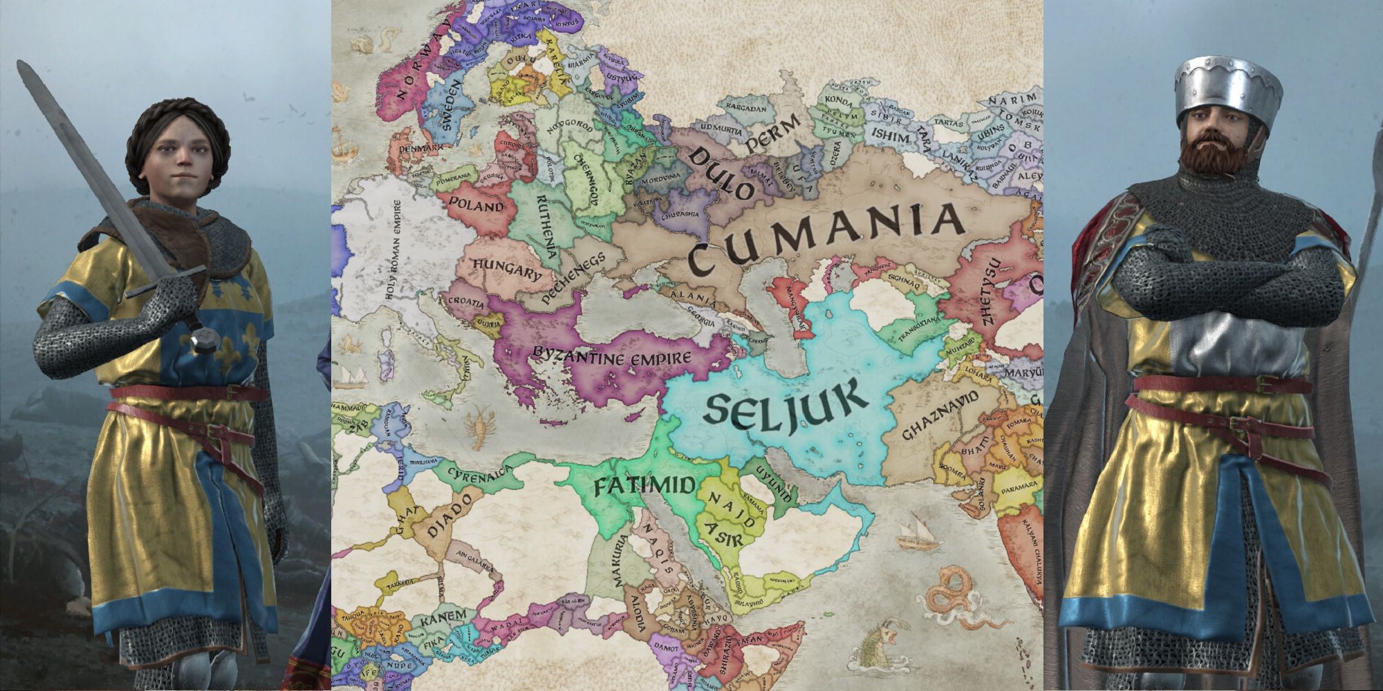 Two characters in Crusader Kings 3 superimposed over a map