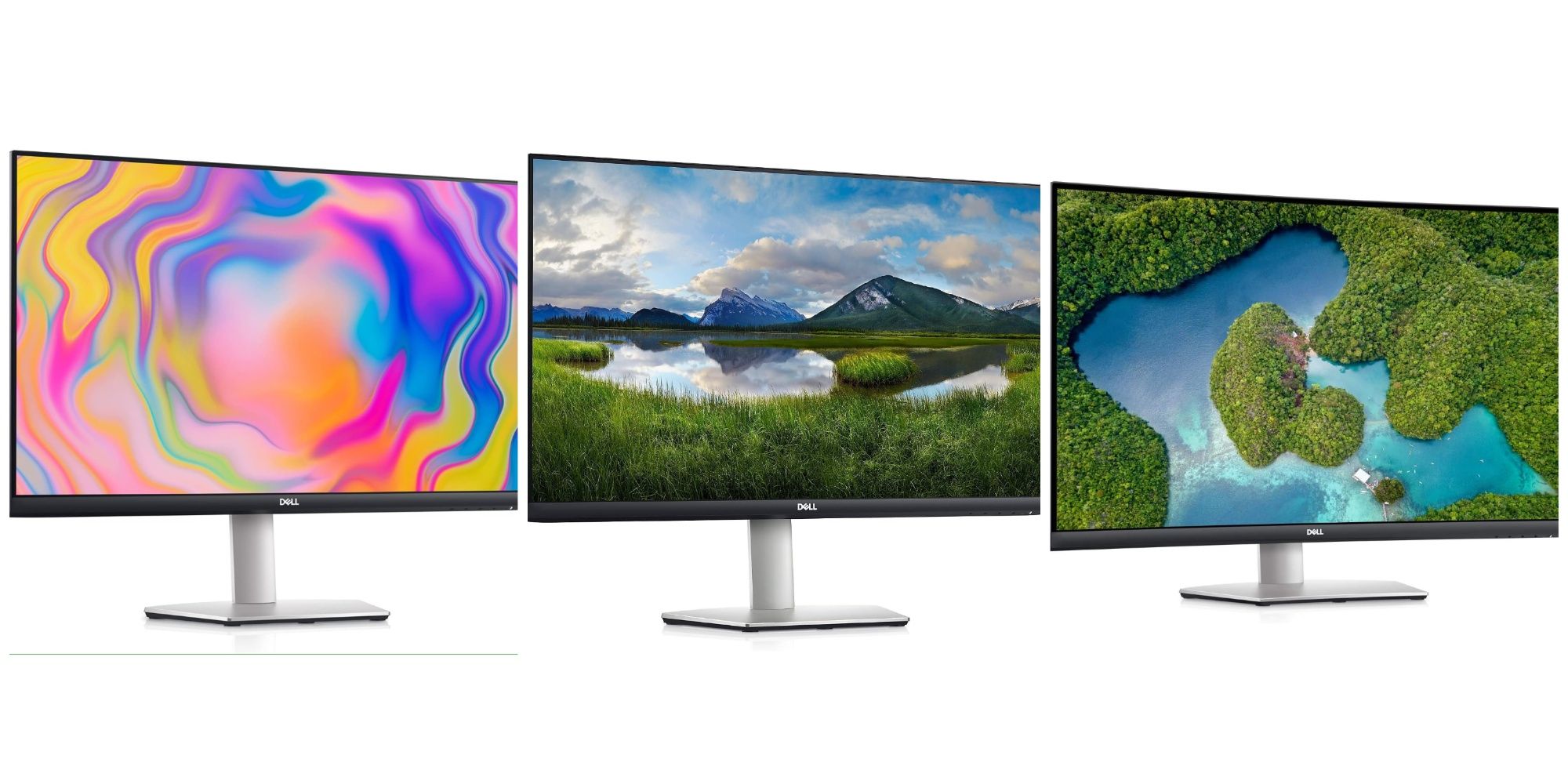 Three Dell monitors in a horizontal row, each with black bezels and a silver stand.