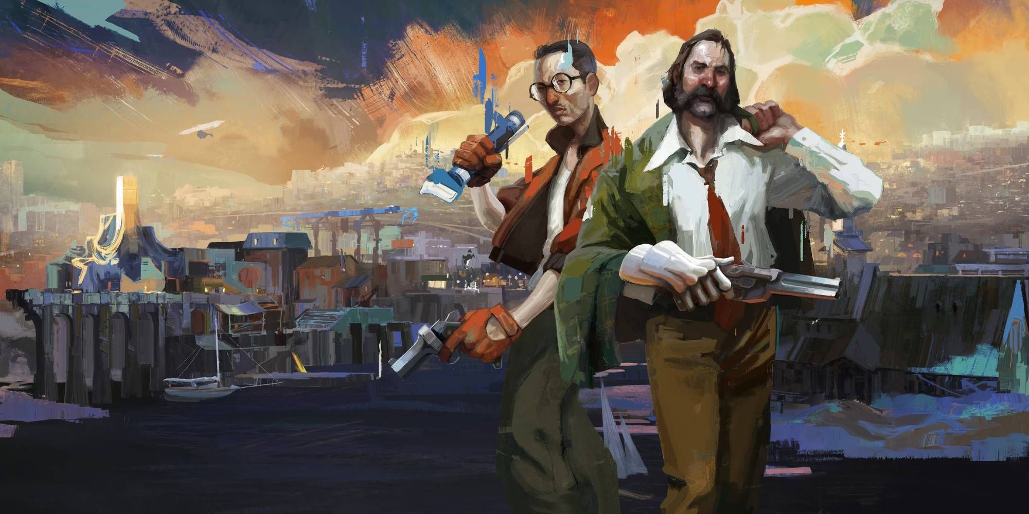 Two men stand with a city by the water in the background as main art of Disco Elysium