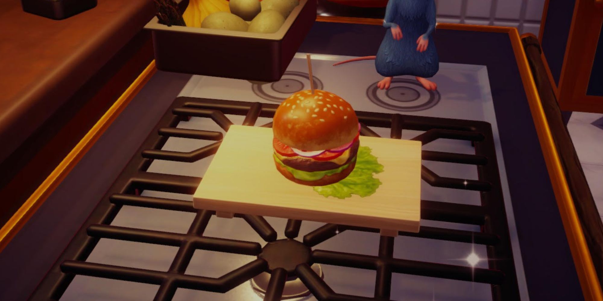 A Cooked Good Ol’ Fashioned Burger On Stove With Character In Background, In Disney Dreamlight Valley
