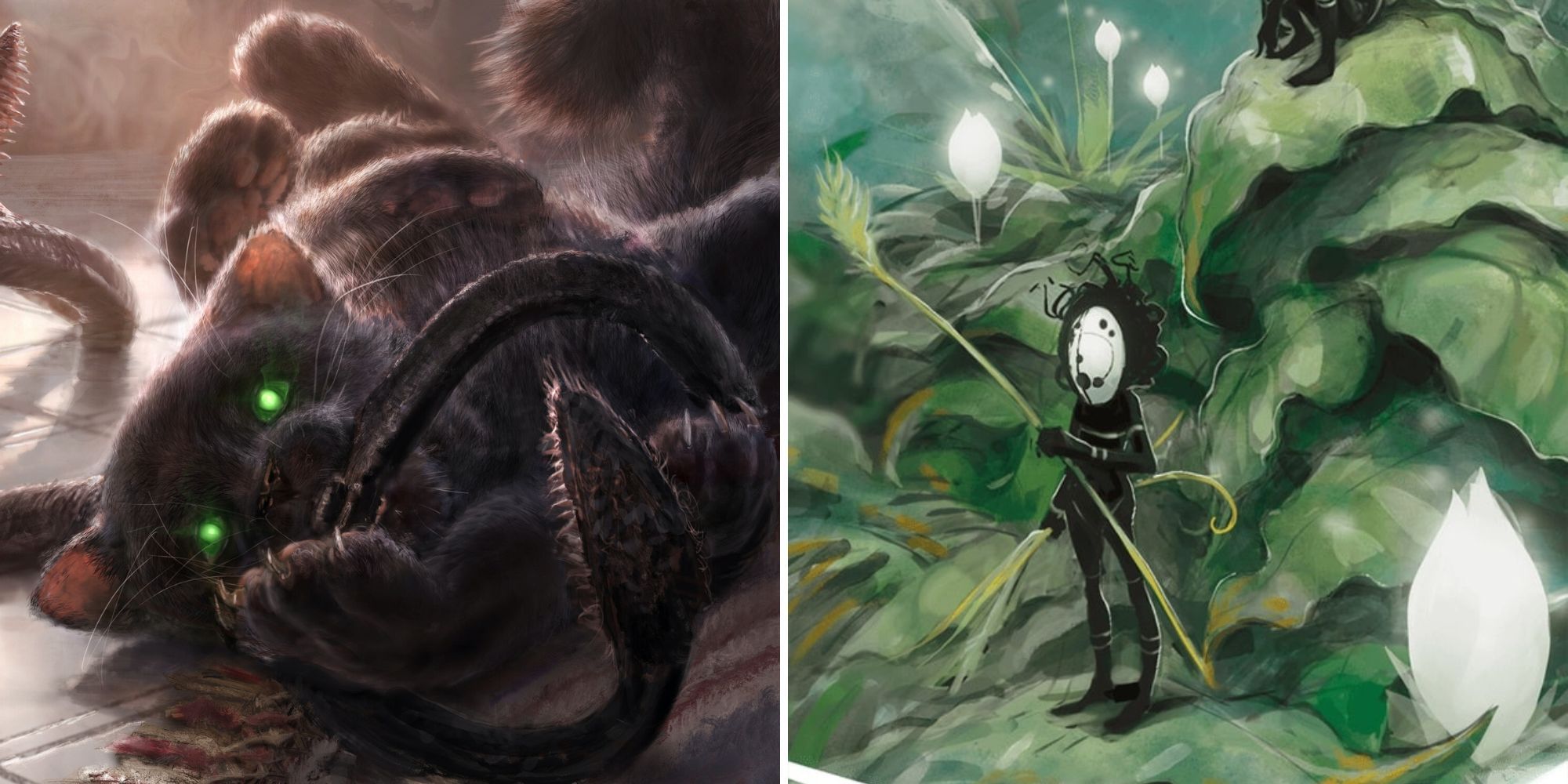 cat playing with tentacles against elemental with mask fanning with plant stem