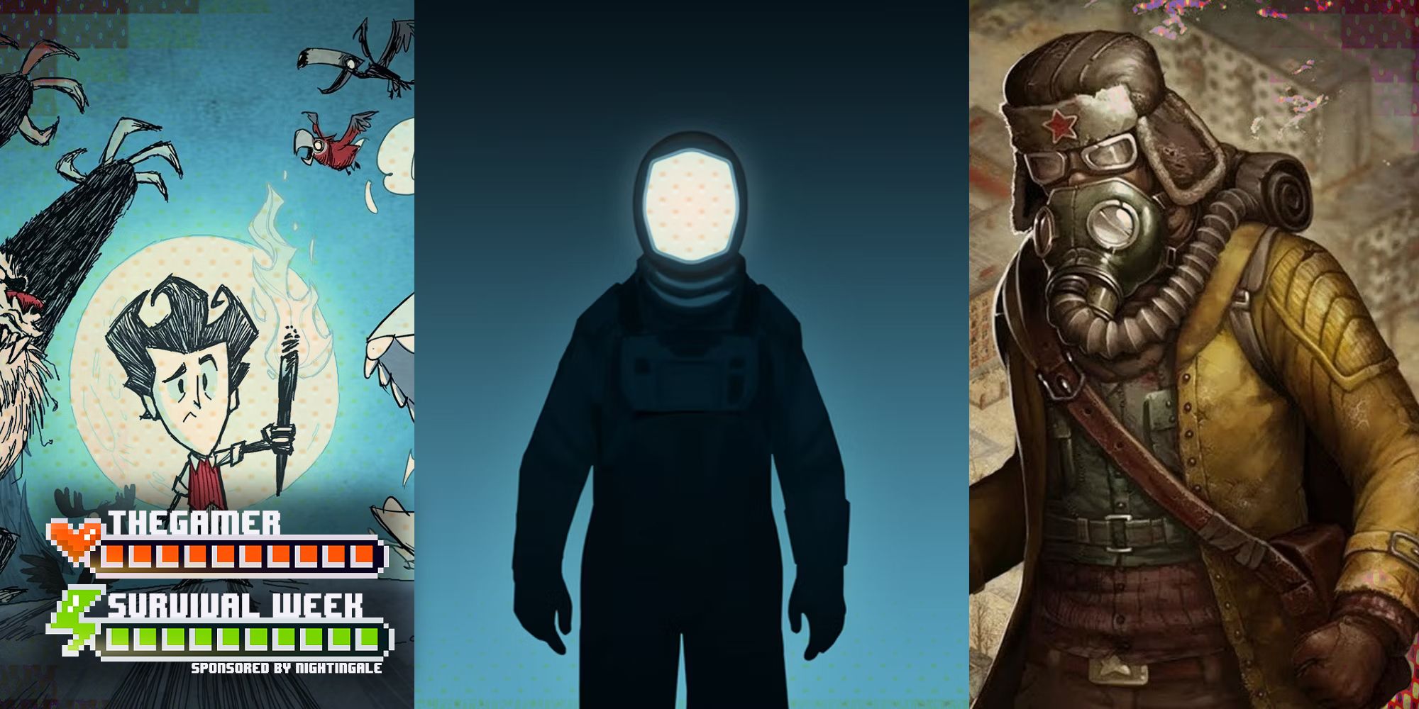 Dont Starve, Lifeline, and Day R split into three vertical slicess with TheGamer over an orange health bar and Survival Week over a green stamina bar in the bottom left corner, with Sponsored by Nightingale written underneath