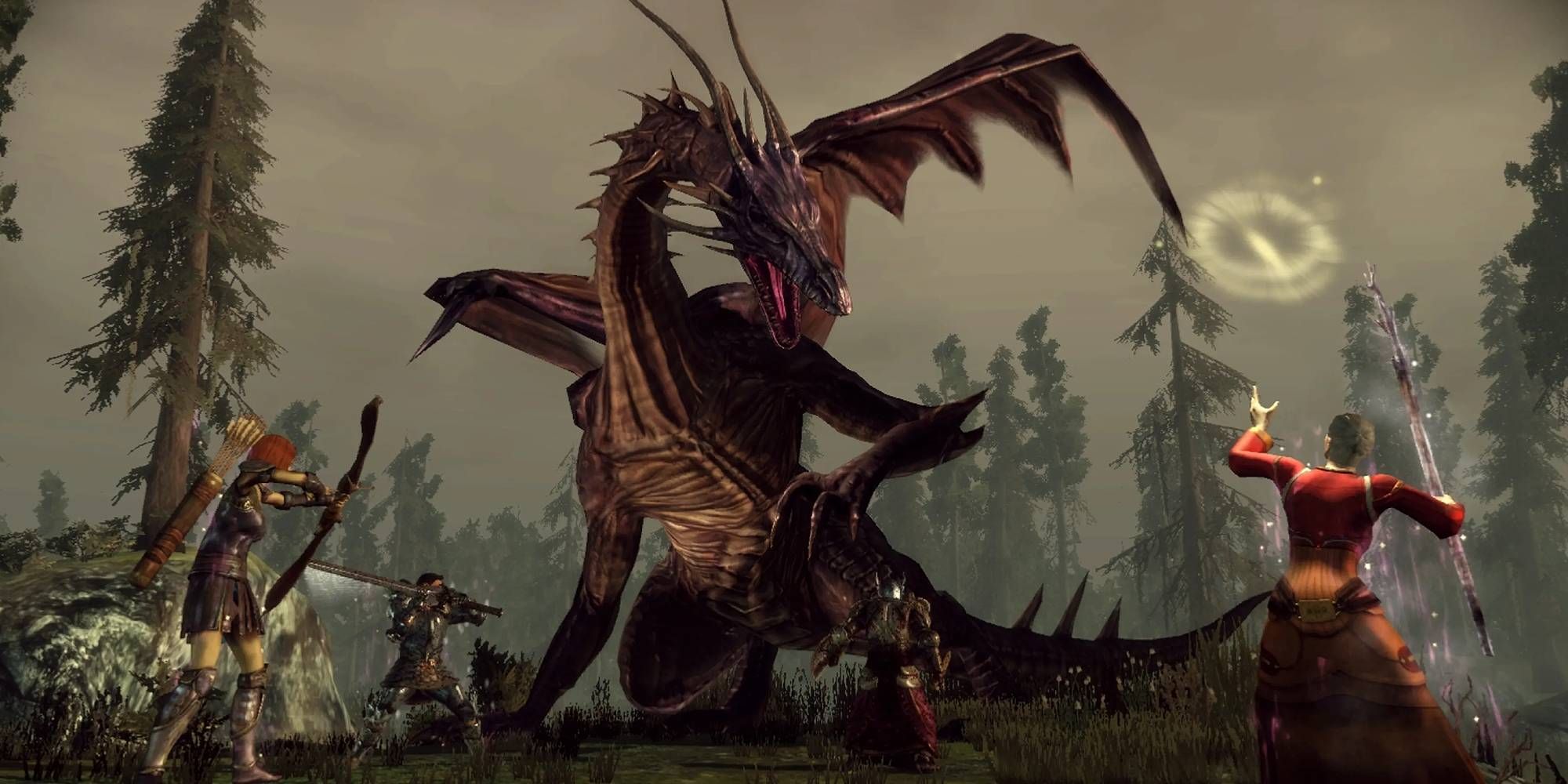 Numerous characters fight a tall and looming dragon from Dragon Age Origins