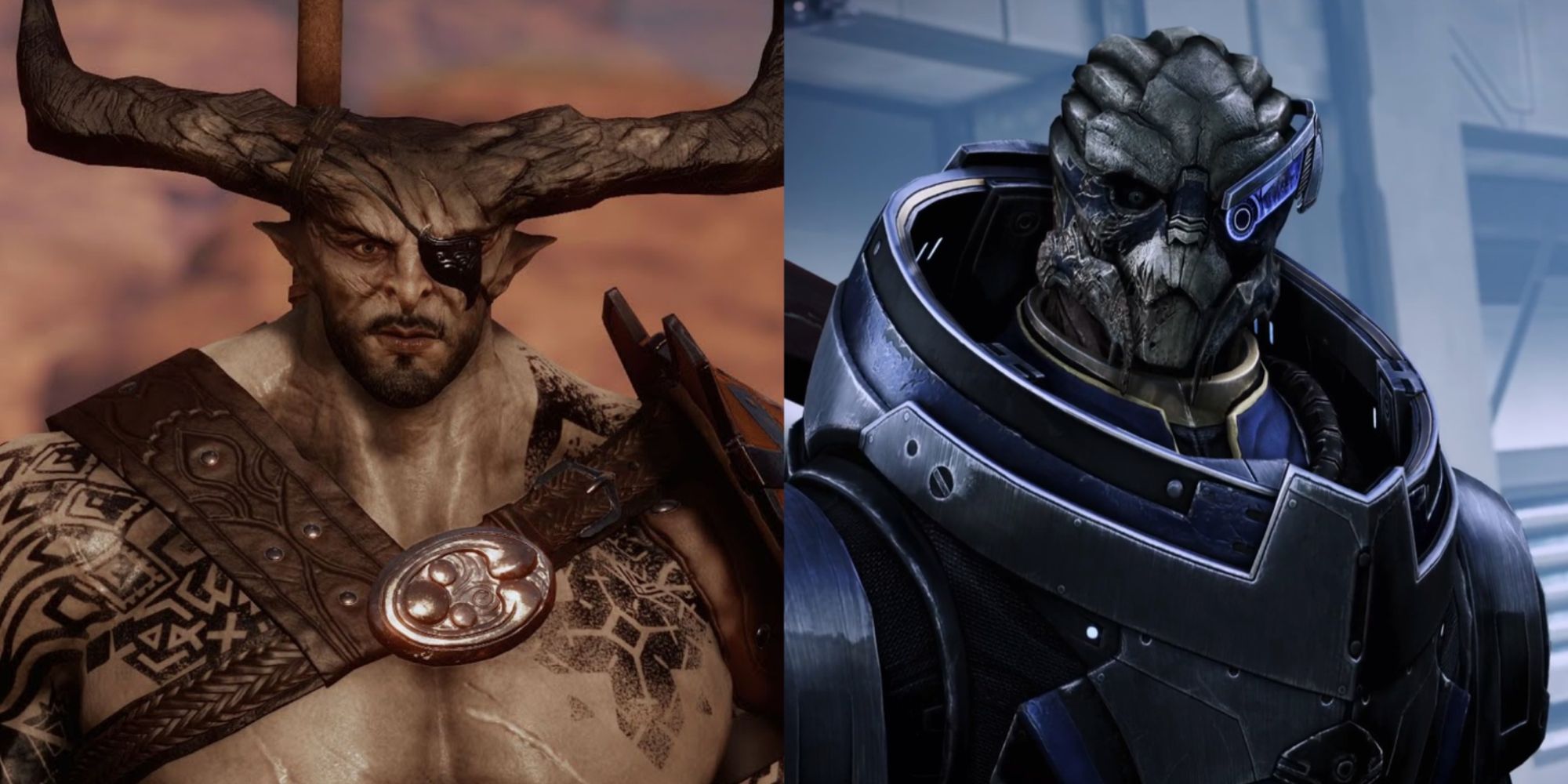 Dragon Age Vs Mass Effect Romance Featured Split Image Of Iron Bull and Garrus