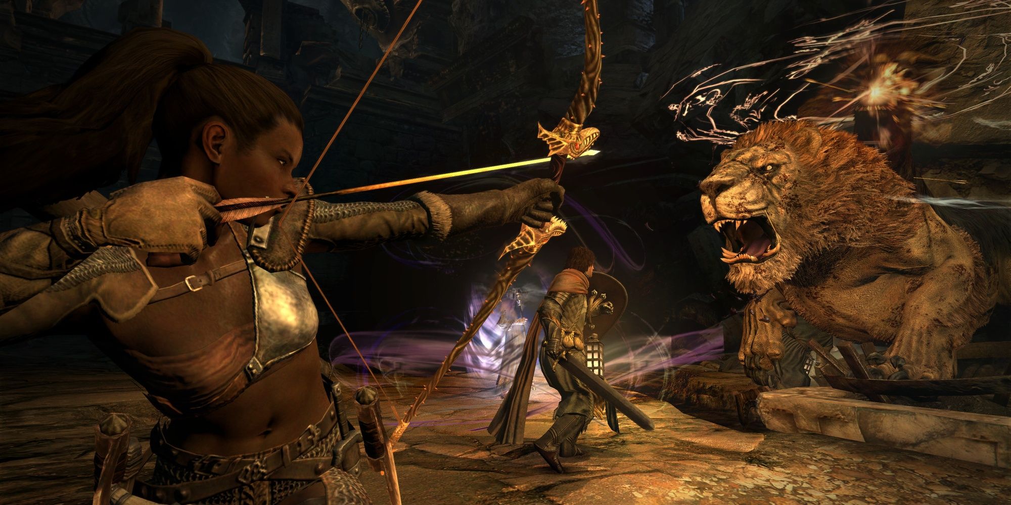 Dragons Dogma: Dark Arisen - A Party Of Varied Heroes Taking On A Lion Creature