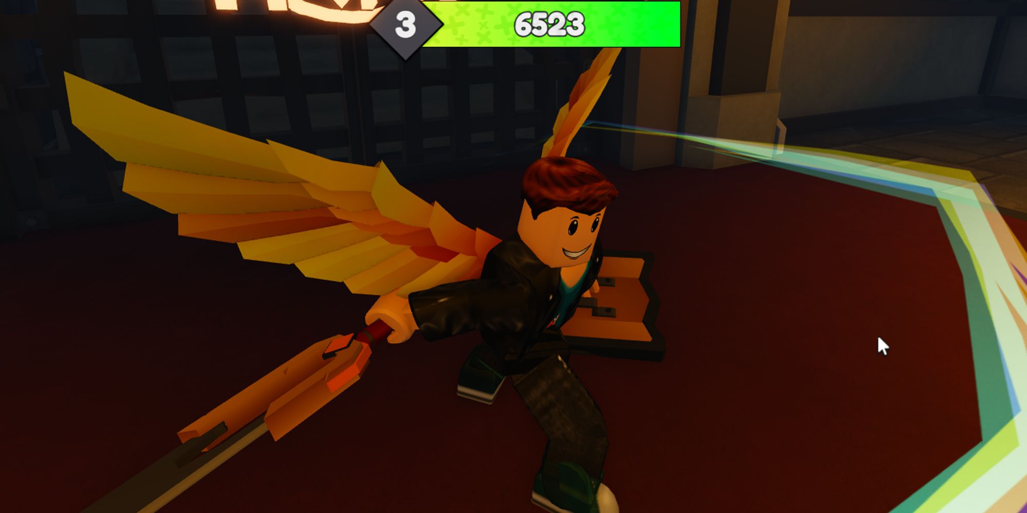 A winged hero fights through a dungeon in the Roblox game Chest Hero Simulator.