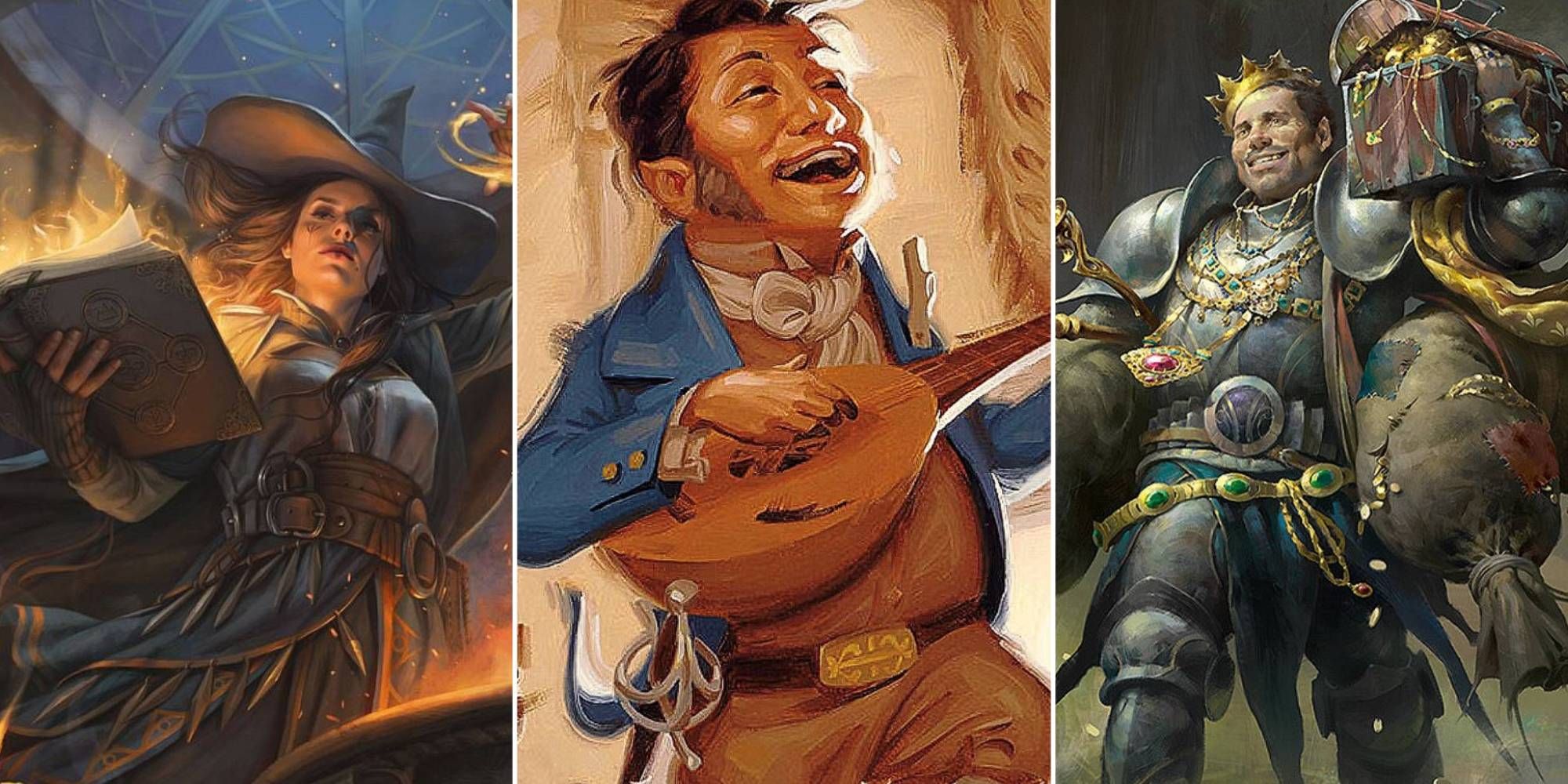 A collage of Dungeons & Dragons artwork including Tasha, a Halfling Bard and a rich adventurer