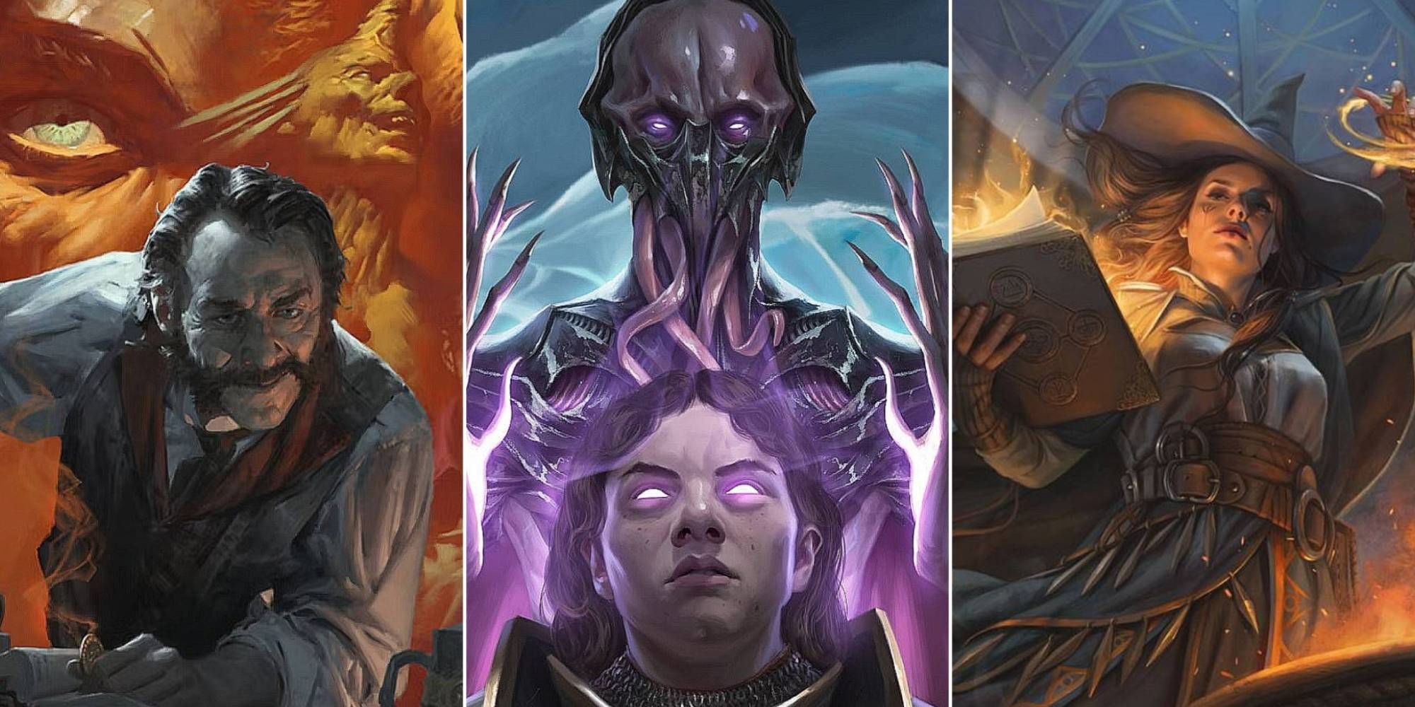A collage of images of Dungeons & Dragons art including a man leaning over a desk, a Mindflayer and Tasha