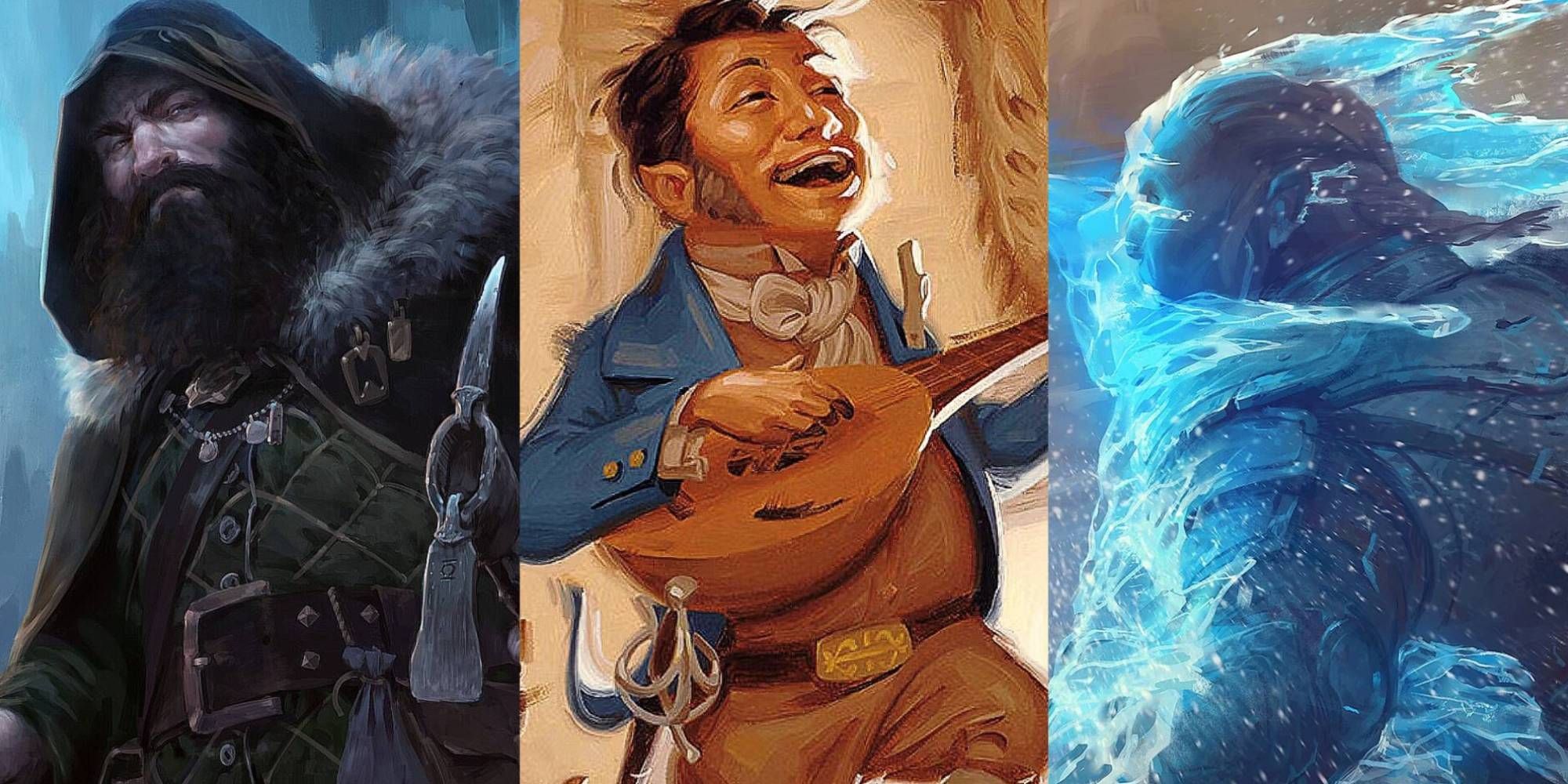 A collage of images including a Gloom Stalker, a singing Bard and frozen figure