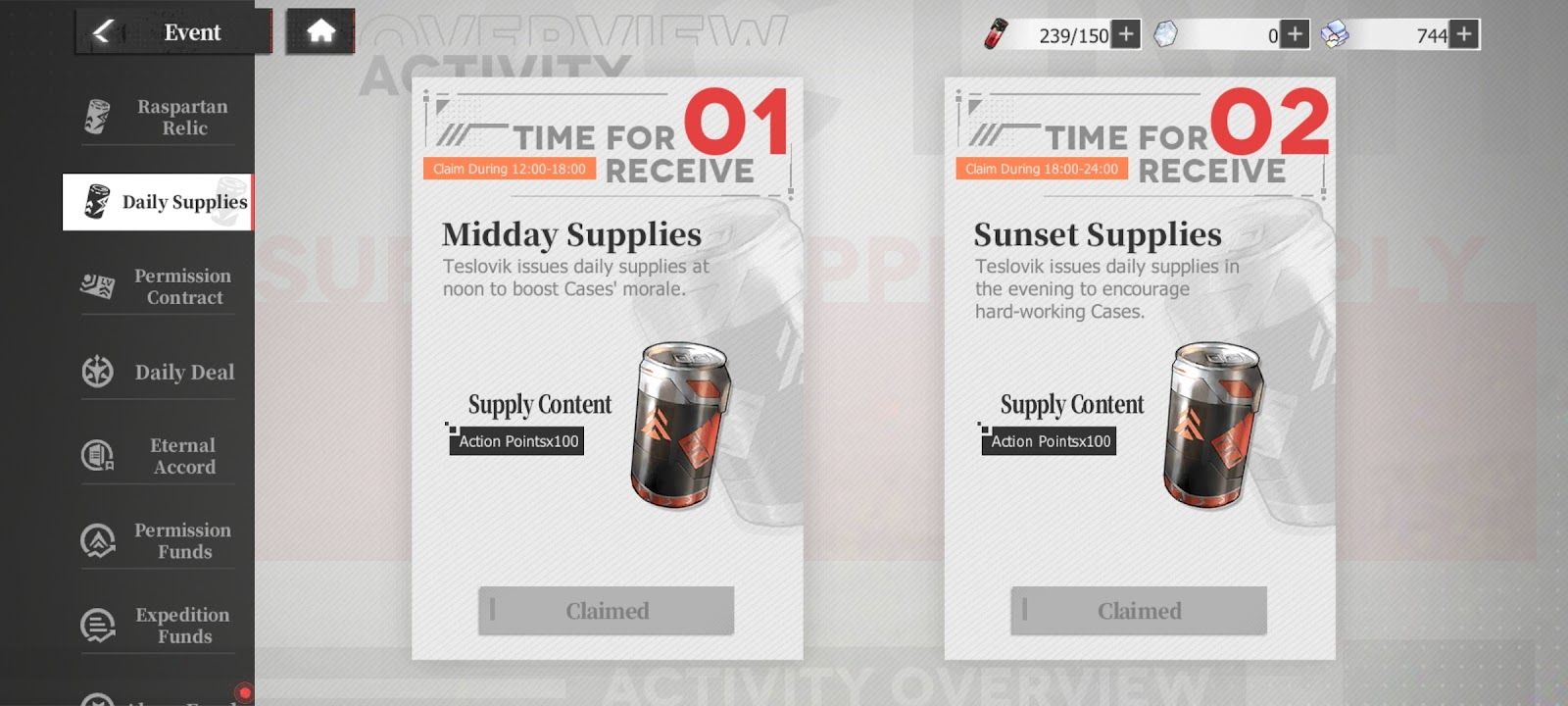 Echocalypse - Daily Supplies page (Midday Supplies and Sunset Supplies claimed)