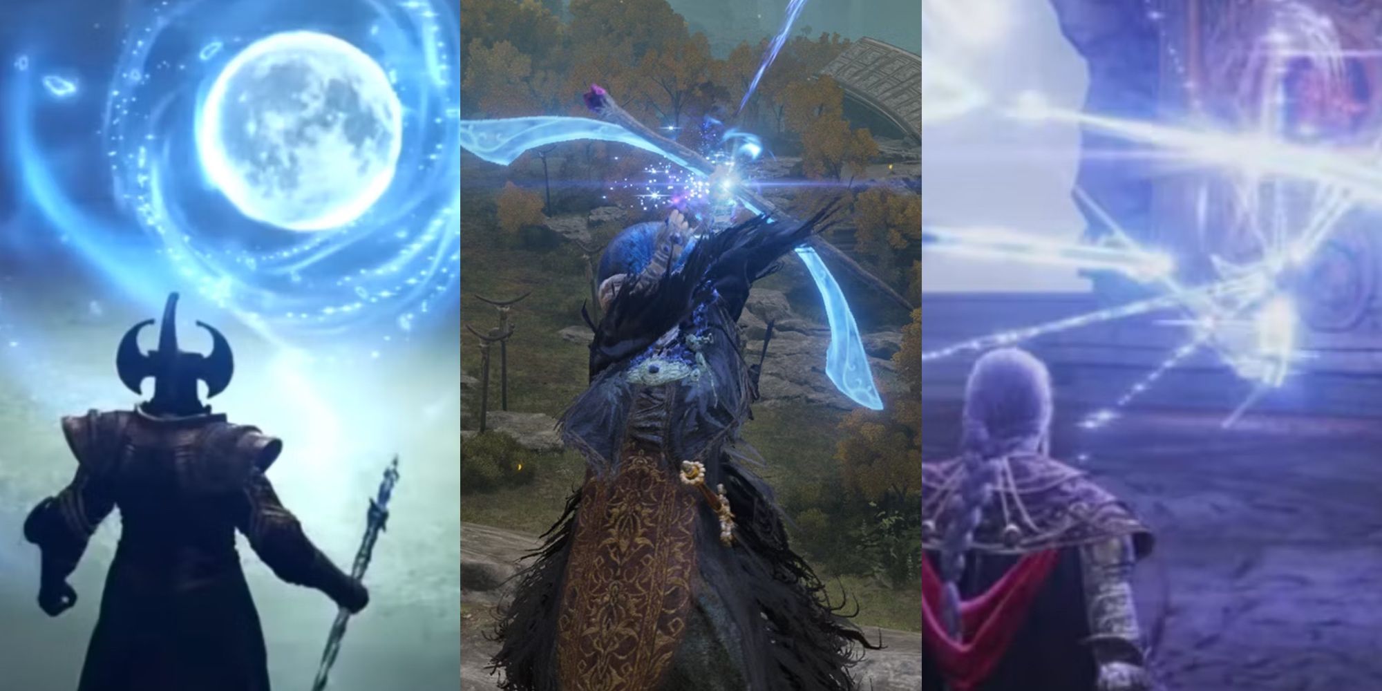 A split image of the Tarnished using Rennala's Full Moon, Loretta's Great Bow, and Stars of Ruin sorceries in Elden Ring.