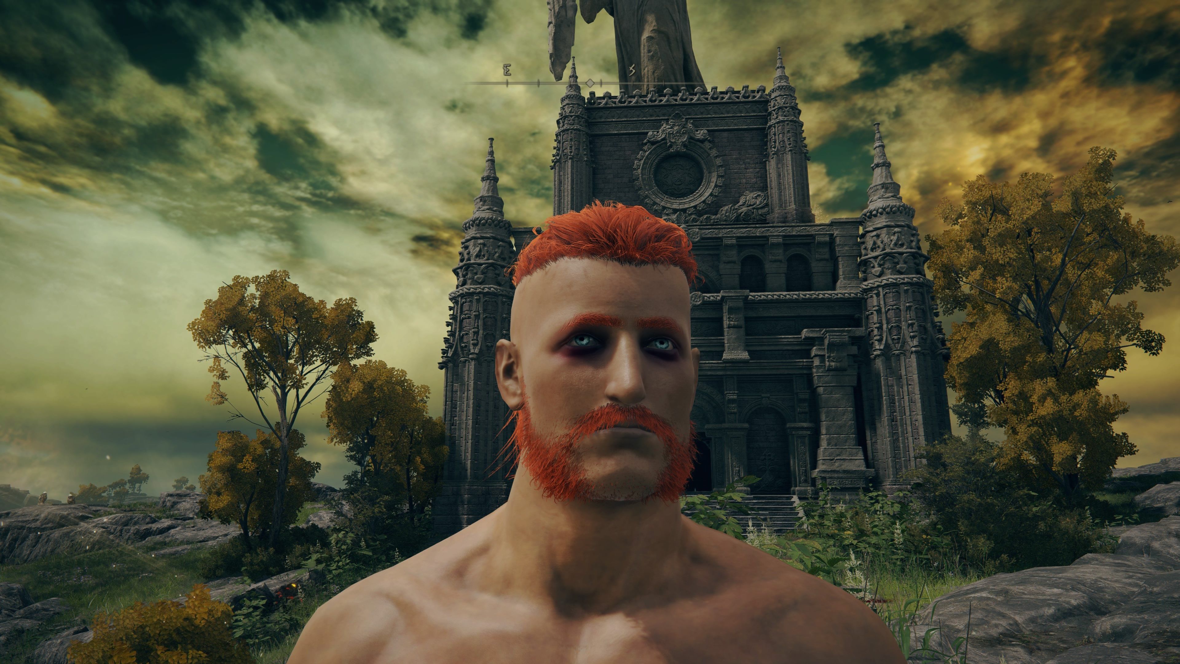 Elden Ring tarnished with ginger beard and hair standing in front of a church